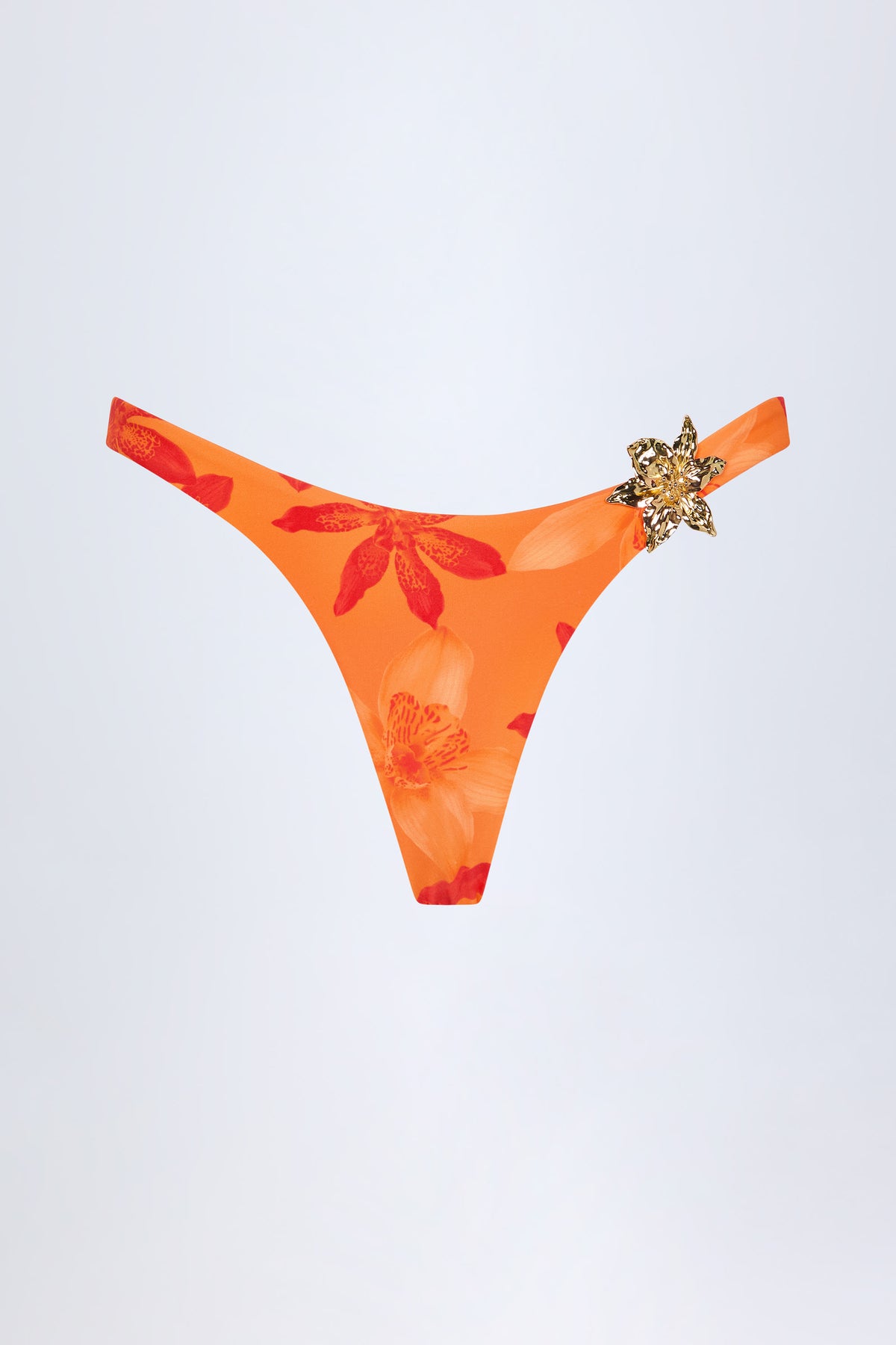 ⁣⁢Cheeky-Bikinihose mit Metalldetail im orangefarbenen Orchideenmuster⁤⁣
