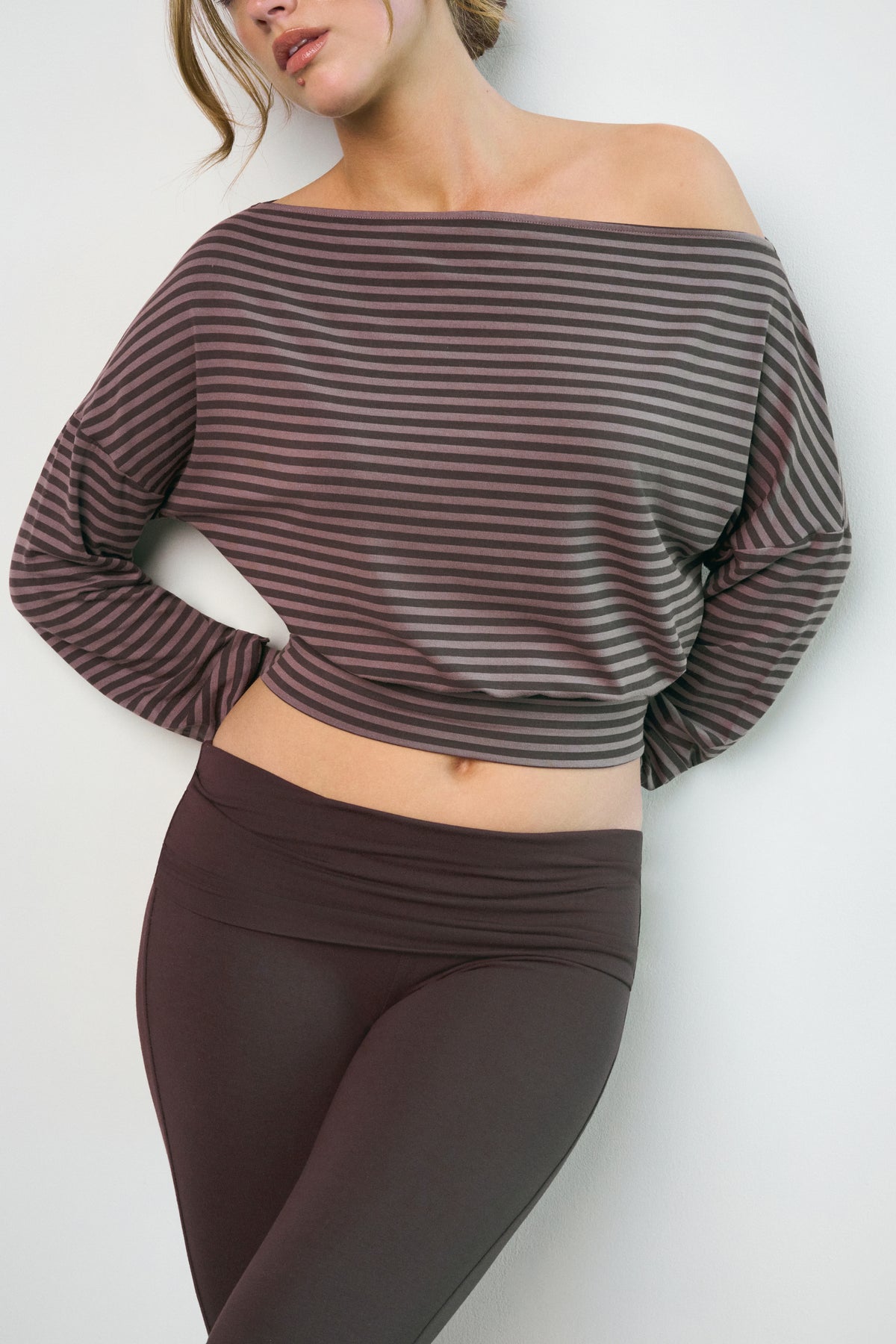 ⁣⁢ButterCloud™ Slouchy Off-Shoulder Top in Espresso Stripe⁤⁣ - 1