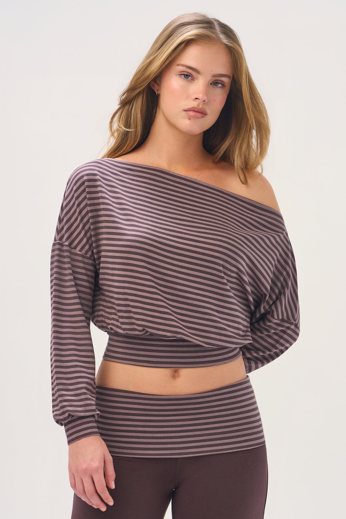 ⁣⁢ButterCloud™ Slouchy Off-Shoulder Top in Espresso Stripe⁤⁣ - 1
