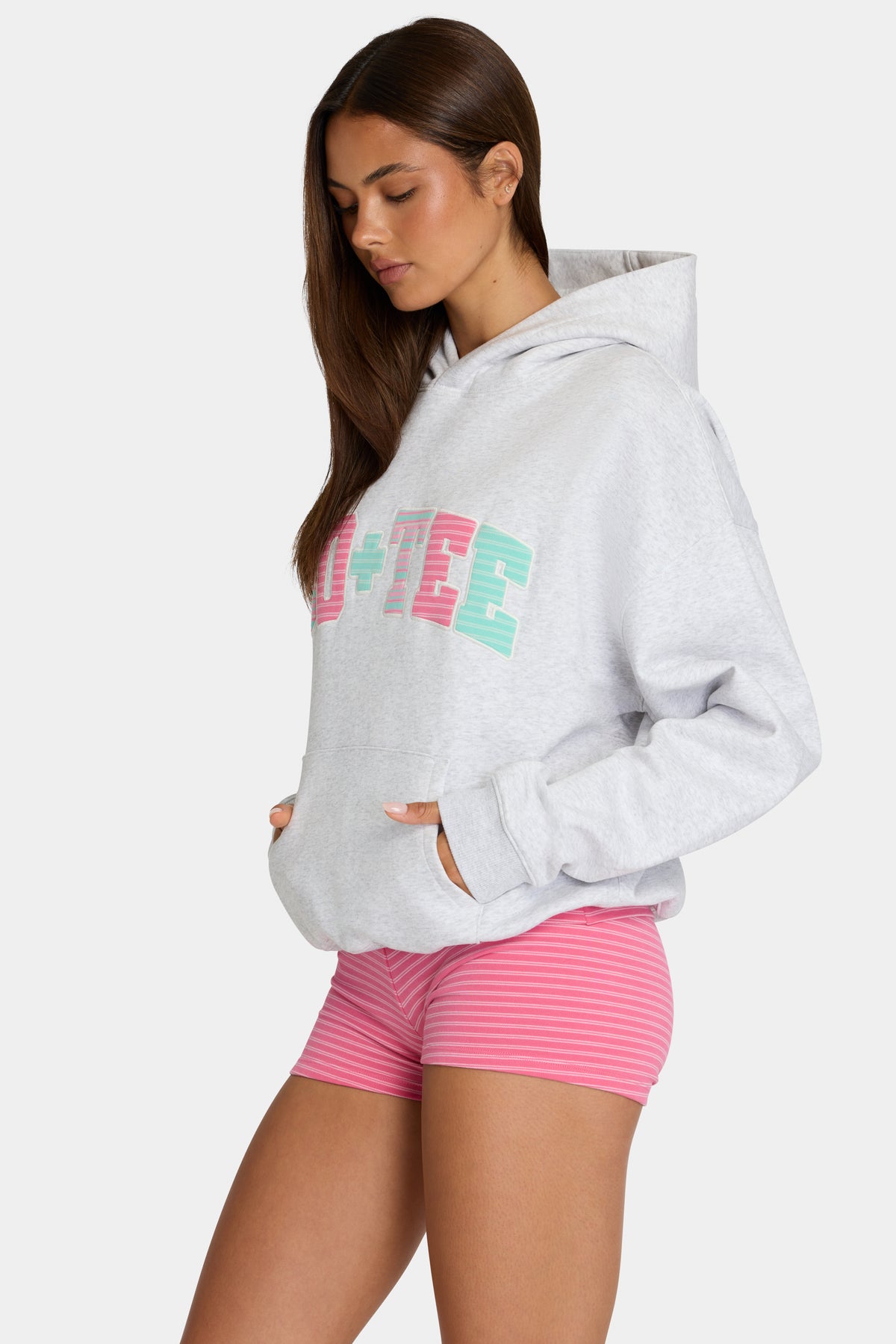 ⁣⁢Oversized-Hoodie mit Applikation mit Grau melierte Streifen⁤⁣