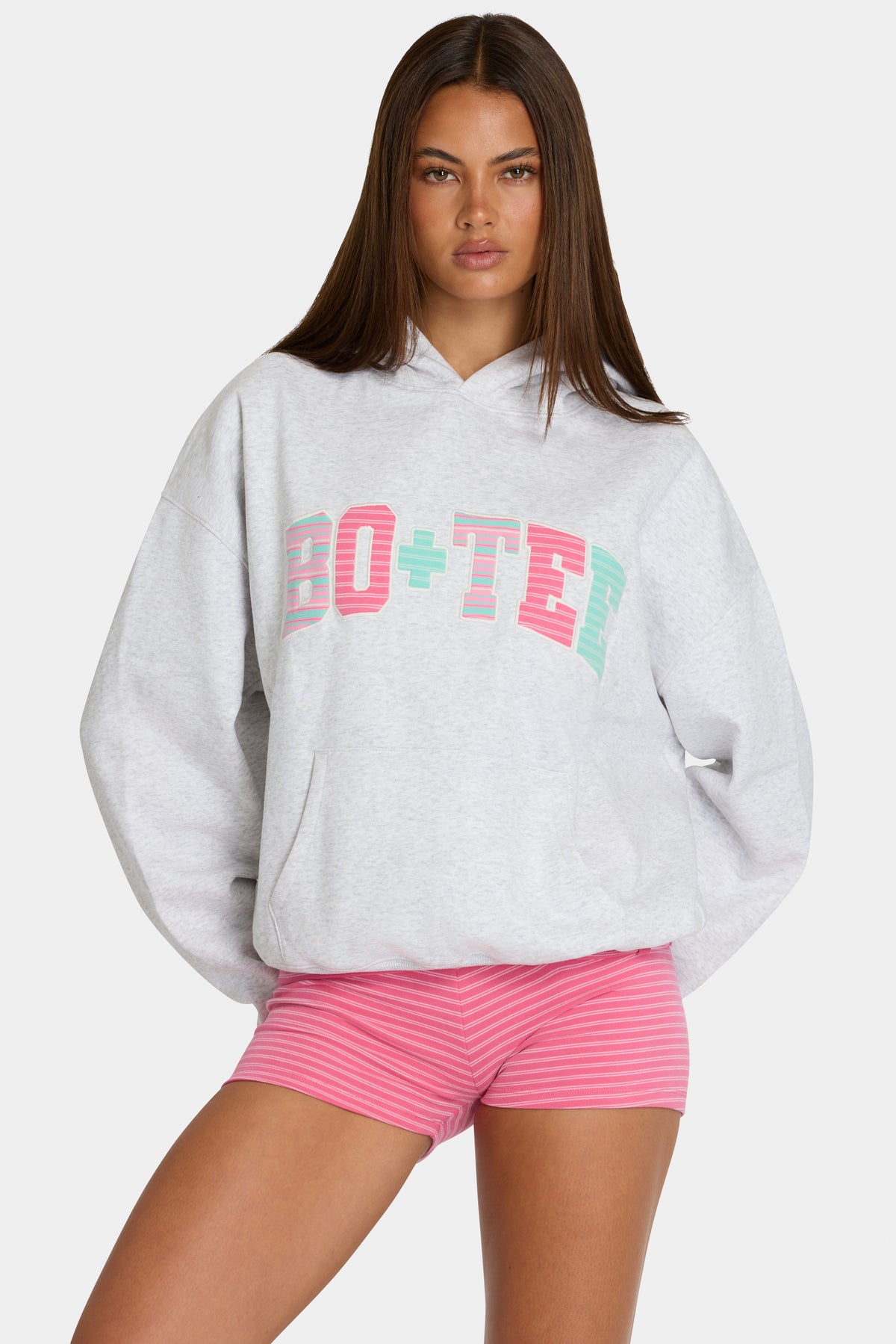 ⁣⁢Oversized-Hoodie mit Applikation mit Grau melierte Streifen⁤⁣