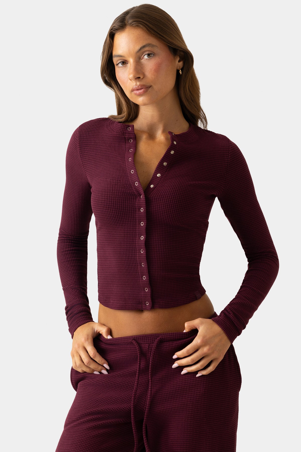 ⁣⁢Gerippter Jersey Rundhals-Cardigan in Plum⁤⁣ - 1