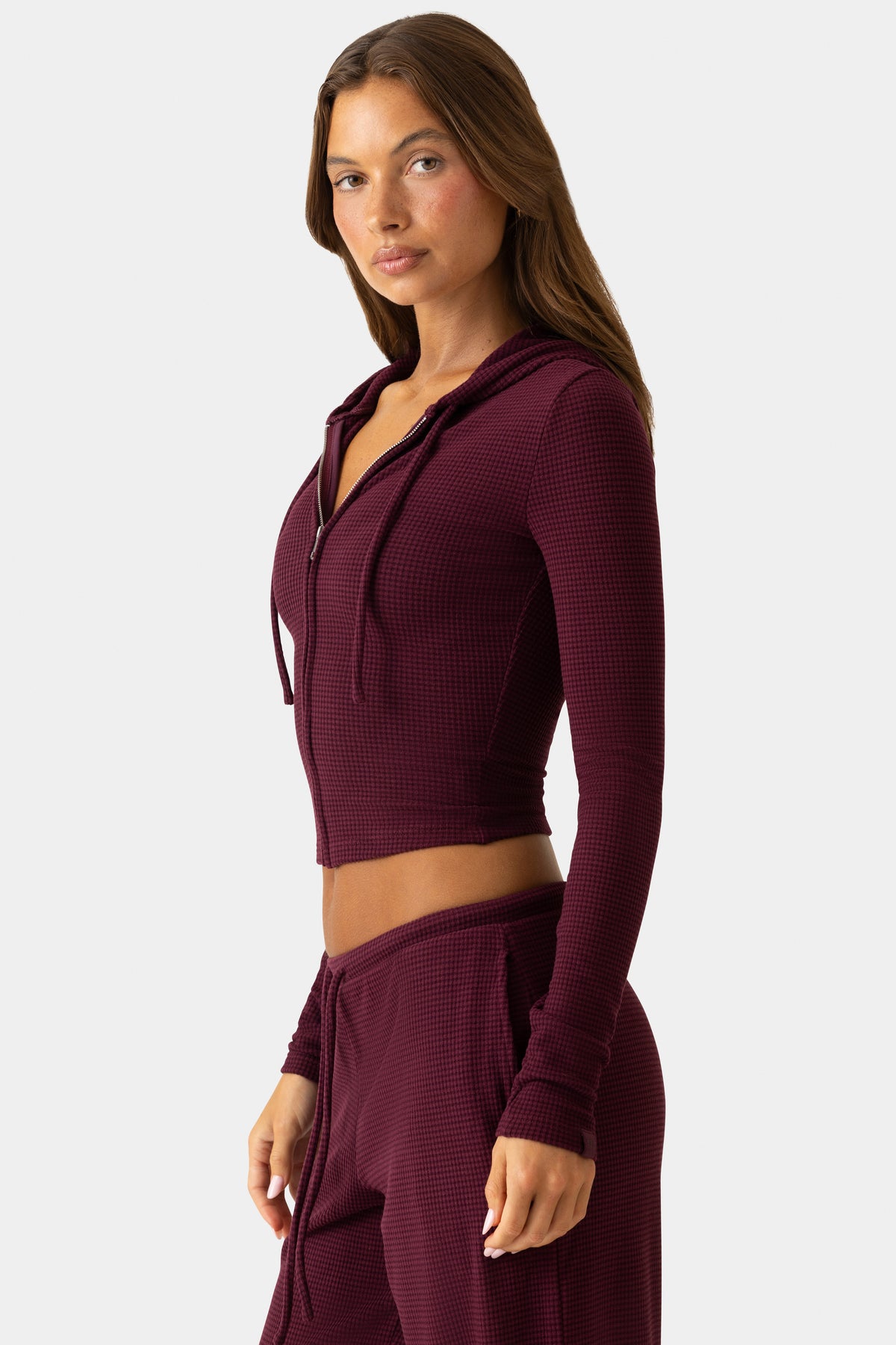 ⁣⁢Cropped-Hoodie aus Rippjersey in Pflaume⁤⁣