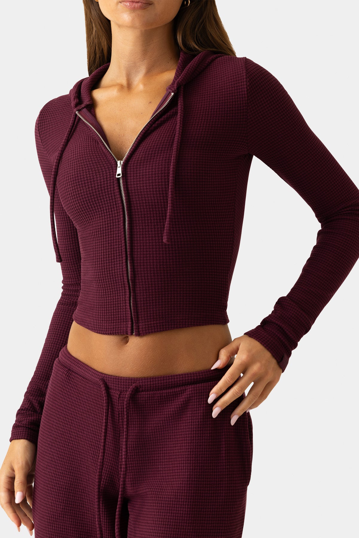 ⁣⁢Cropped-Hoodie aus Rippjersey in Pflaume⁤⁣