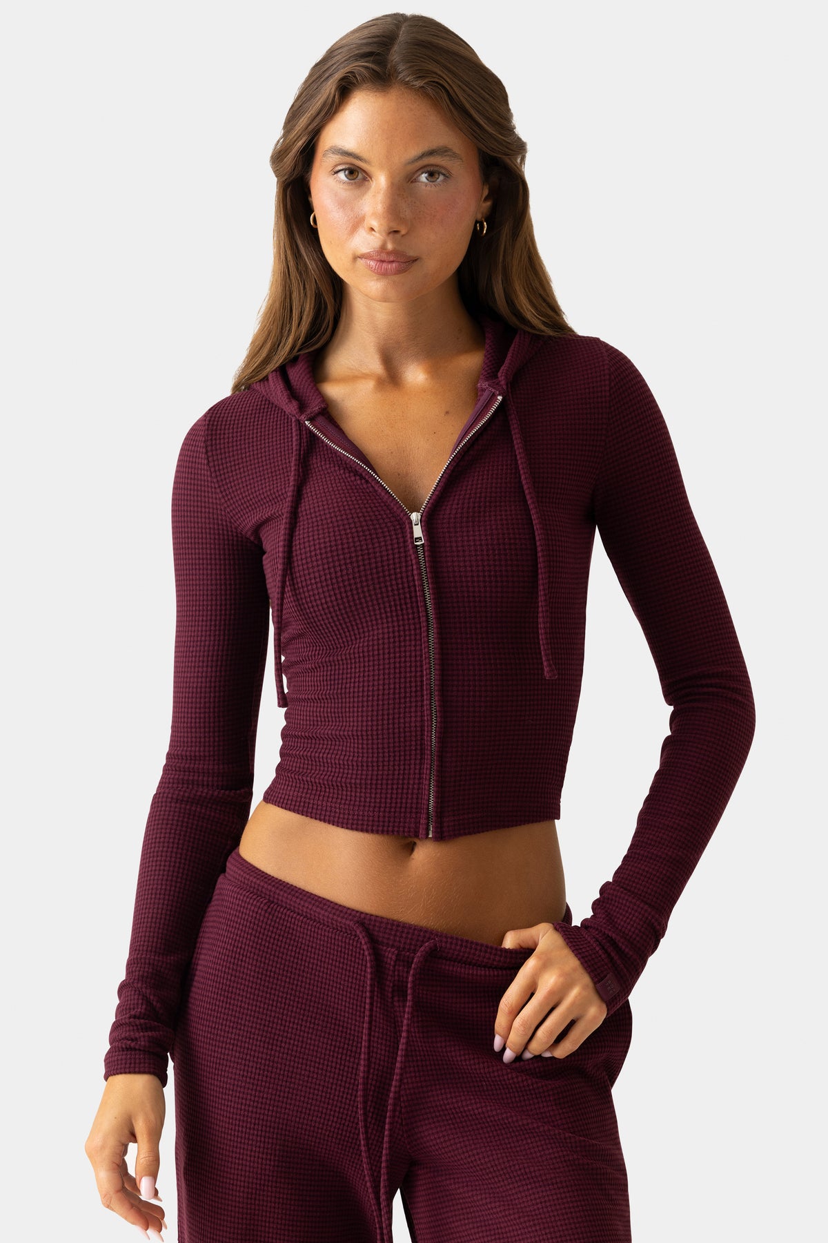 ⁣⁢Cropped-Hoodie aus Rippjersey in Pflaume⁤⁣