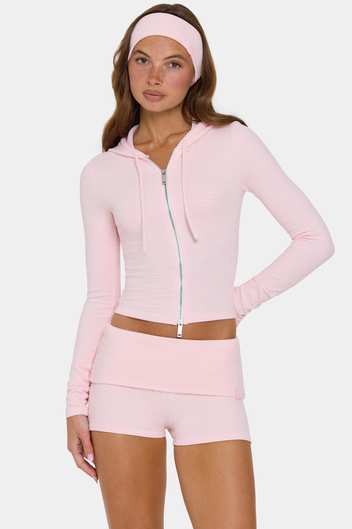 ⁣⁢Geripptes Jersey Cropped Hoodie in Peach Stripe⁤⁣ - 1