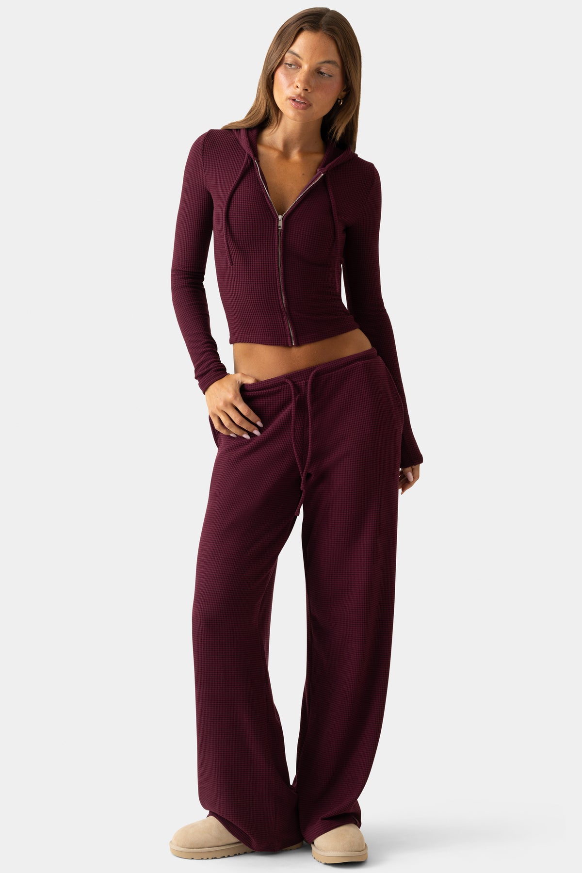 ⁣⁢Gerippte Jersey Low-Rise Hose in Pflaume⁤⁣ - 1