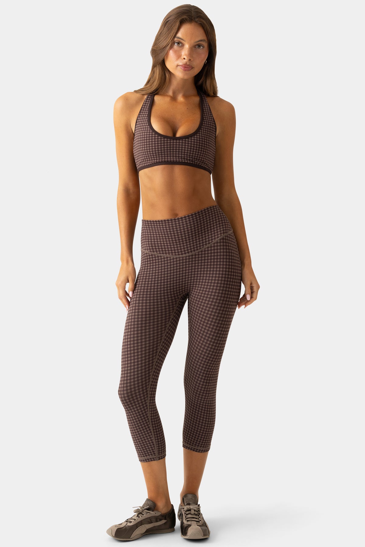 ⁣⁢Soft Active Capri Leggings im Espresso-Gingham-Muster⁤⁣ - 1