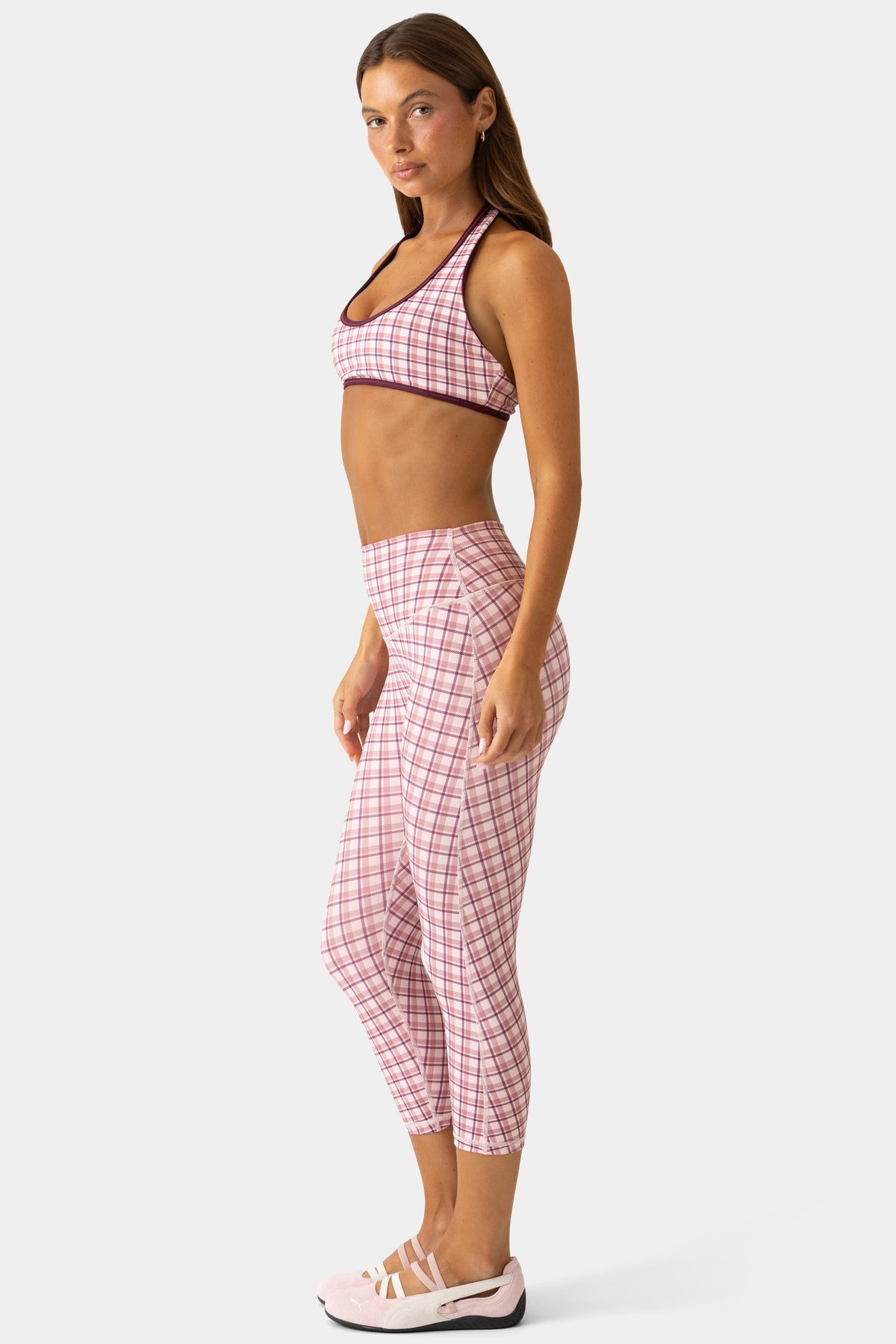⁣⁢Soft Active Capri-Leggings im beerenfarbenen Karo⁤⁣