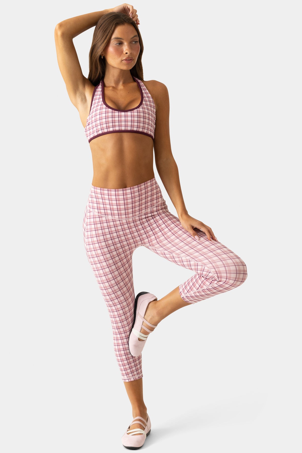 ⁣⁢Soft Active Capri-Leggings im beerenfarbenen Karo⁤⁣