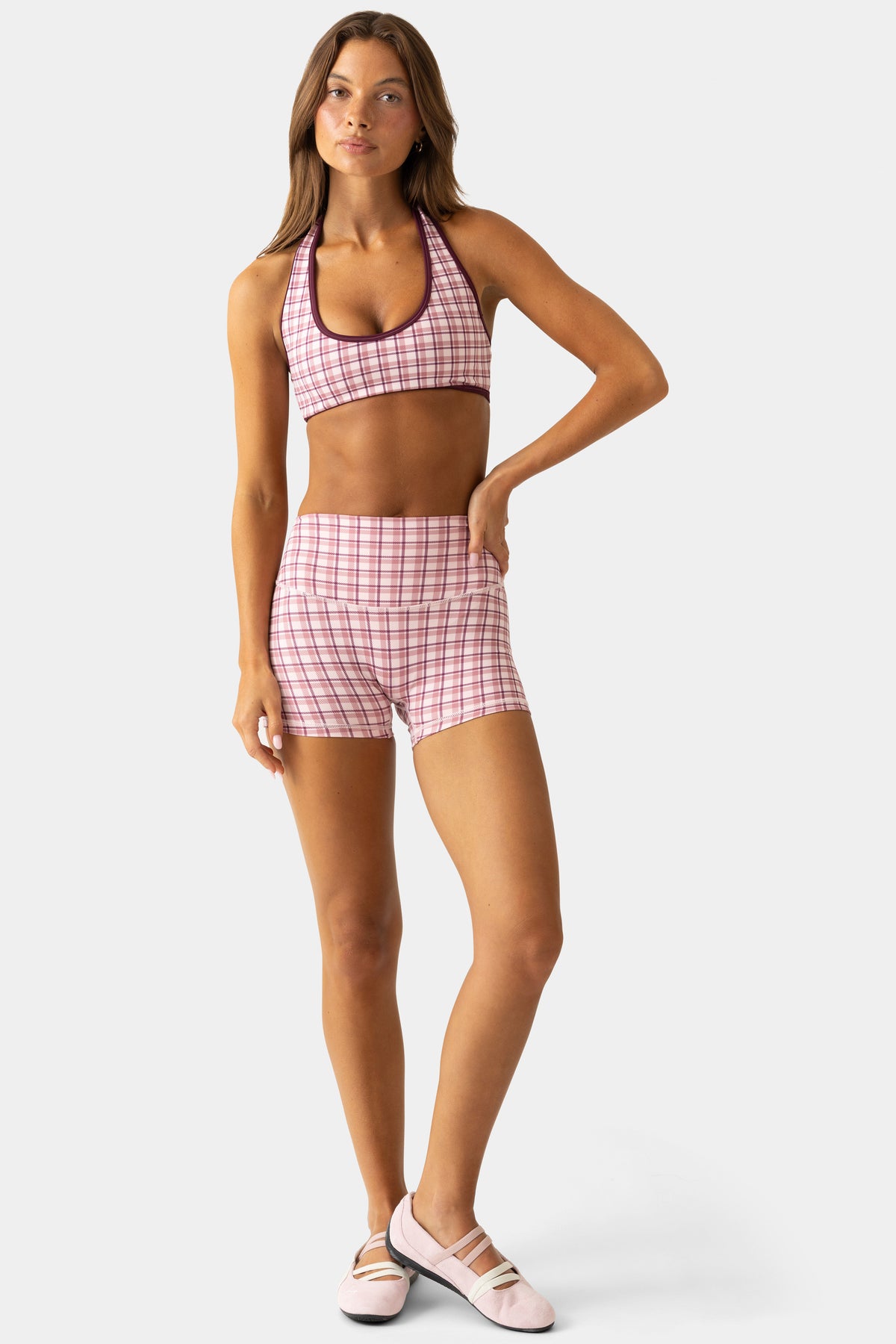 ⁣⁢Soft Active Mini-Shorts in Berry Plaid⁤⁣ - 1