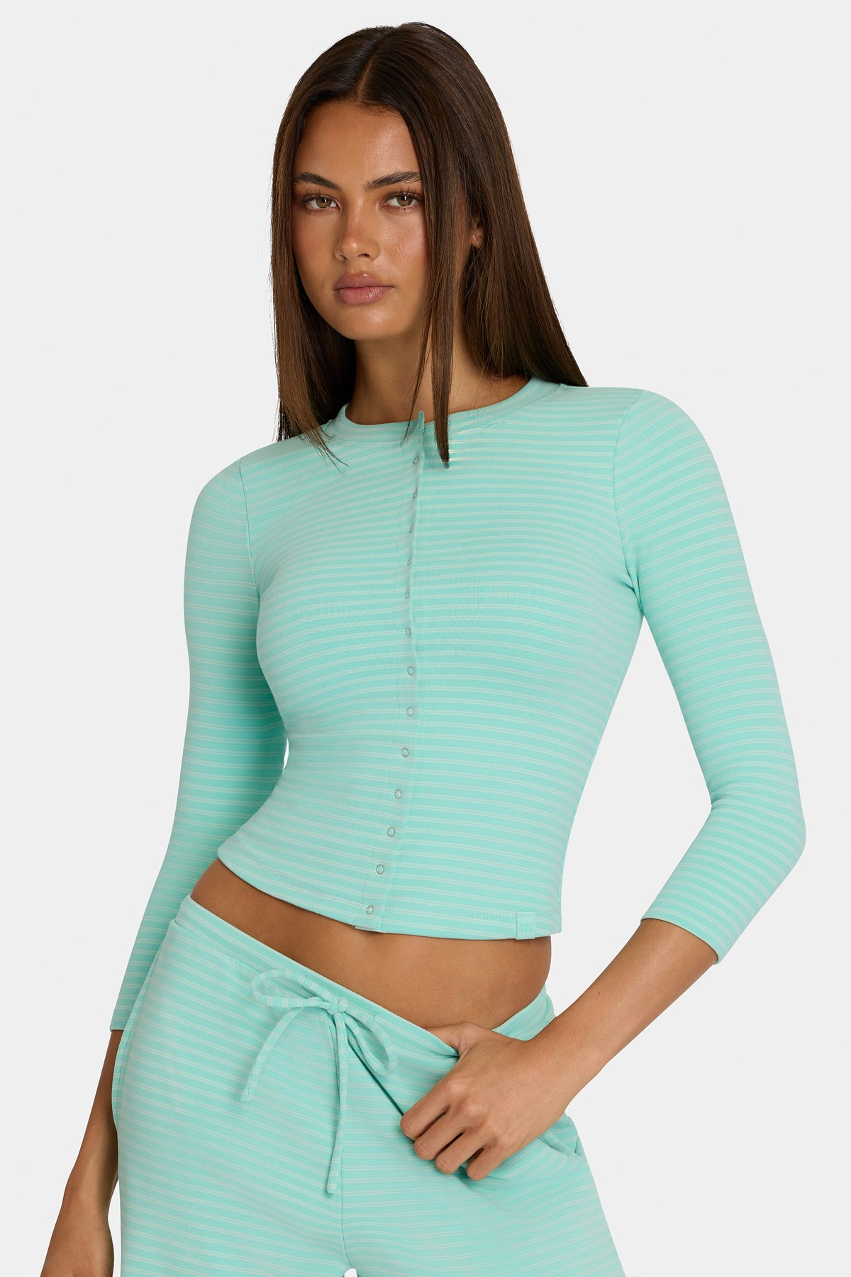 ⁣⁢Cardigan mit Rundhalsausschnitt aus angerautem Jersey im Aqua-Streifen-Muster⁤⁣ - 2