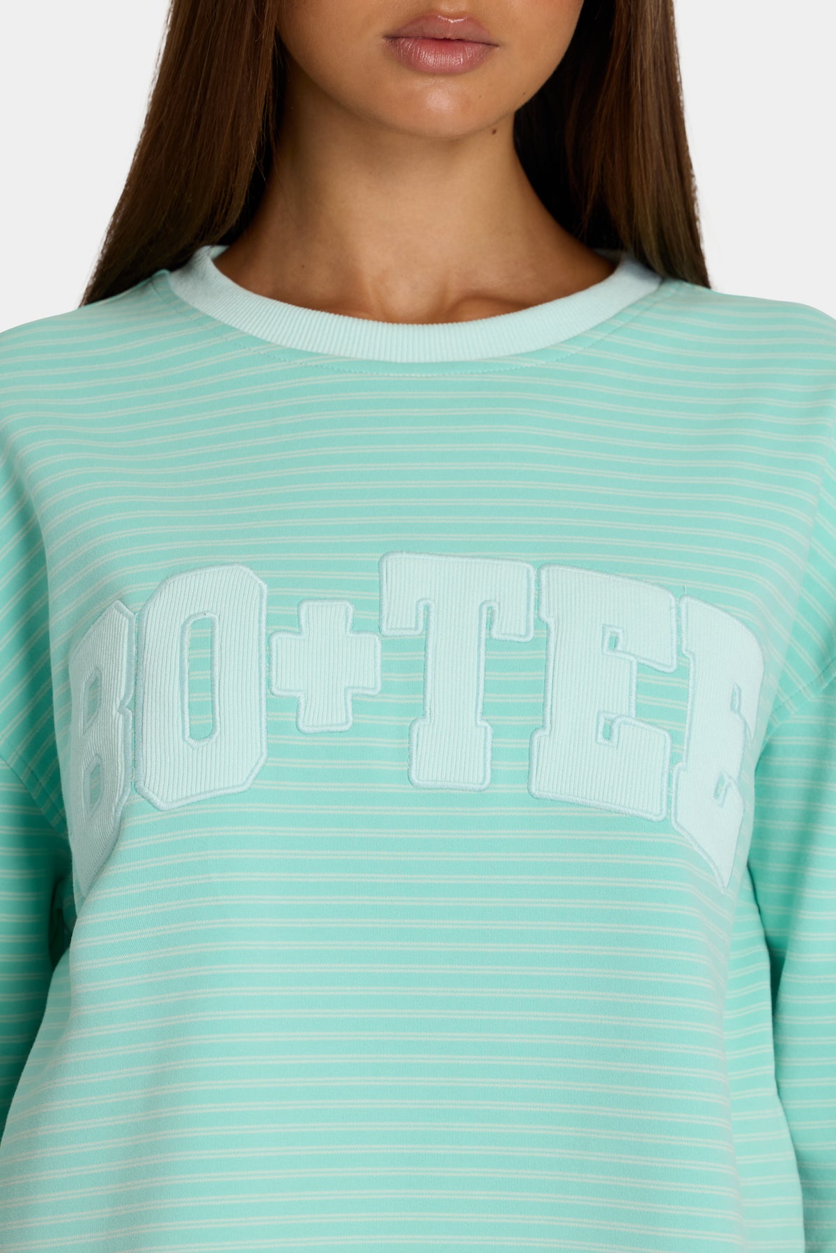 ⁣⁢Sweatshirt mit Rundhalsausschnitt aus angerautem Jersey mit aquablauen Streifen⁤⁣