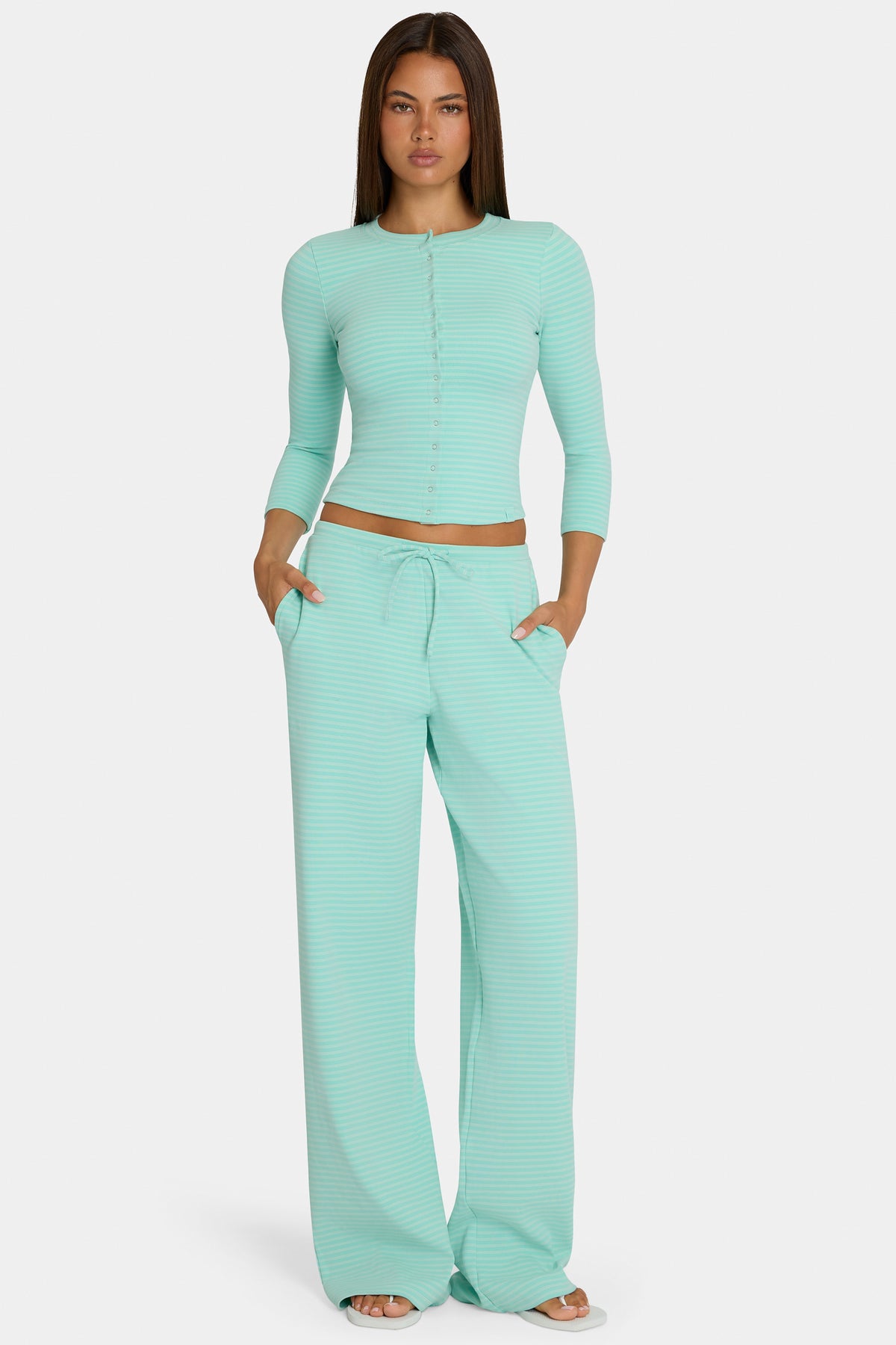 ⁣⁢Brushed Jersey Low-Rise Hose mit Streifenmuster in Aqua⁤⁣ - 2