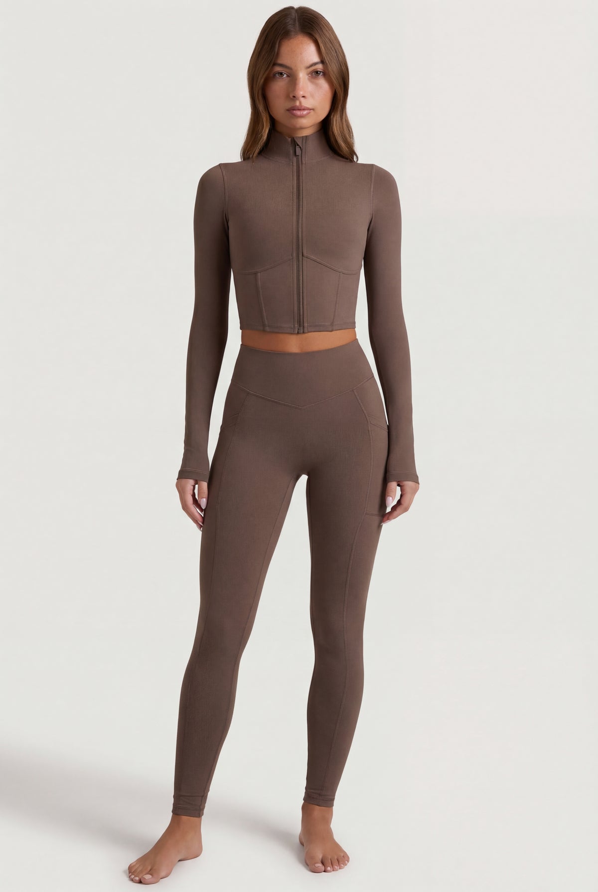 ⁣⁢Soft Active Cropped-Jacke mit Reißverschluss in Kakaobraun⁤⁣