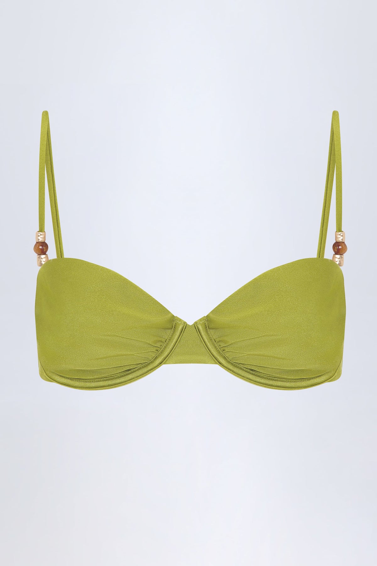 ⁣⁢Gerafftes Bügel-Bikini-Top mit Perlenverzierung in Olive Green⁤⁣