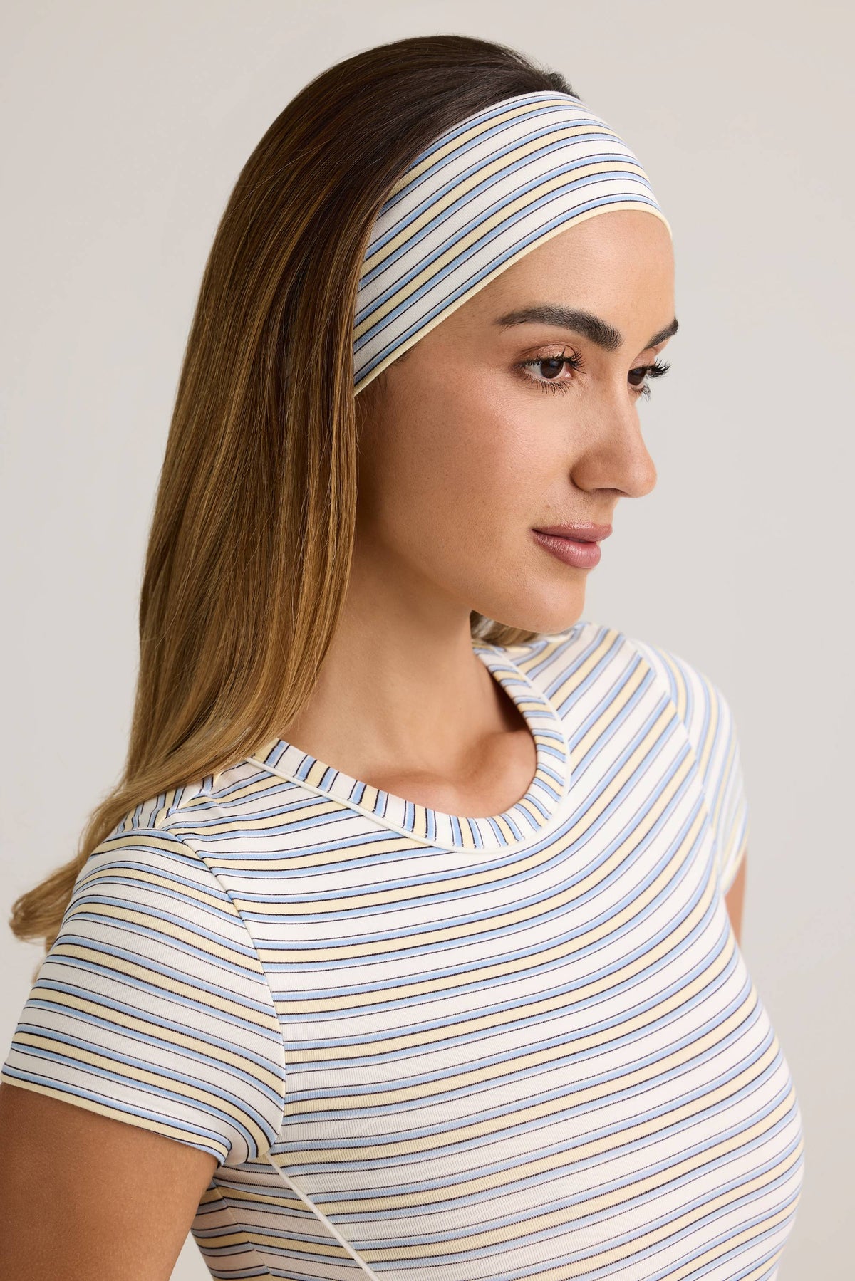 ⁣⁢Geripptes Modal-Stirnband in Blau &amp; Gelb gestreift⁤⁣