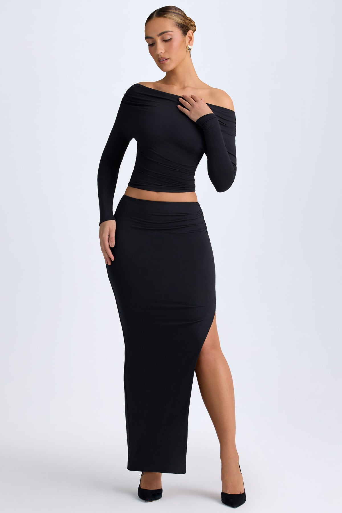⁣⁢Maxi-Rock aus Modal mit niedrigem Bund in Schwarz⁤⁣