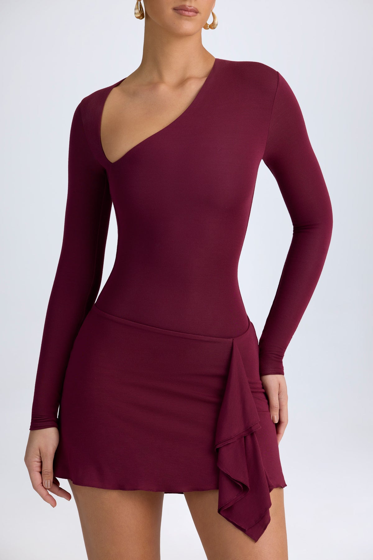 ⁣⁢Modal Asymmetrisches A-Linien-Minikleid in Weinrot⁤⁣