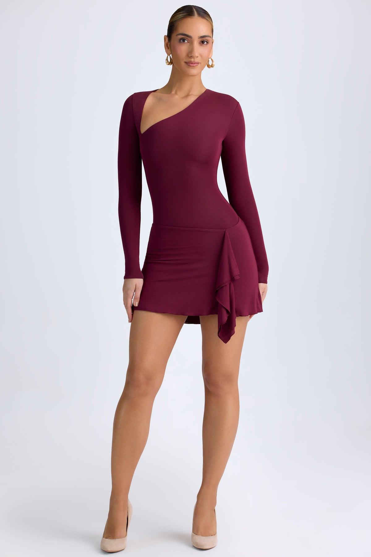 ⁣⁢Modal Asymmetrisches A-Linien-Minikleid in Weinrot⁤⁣