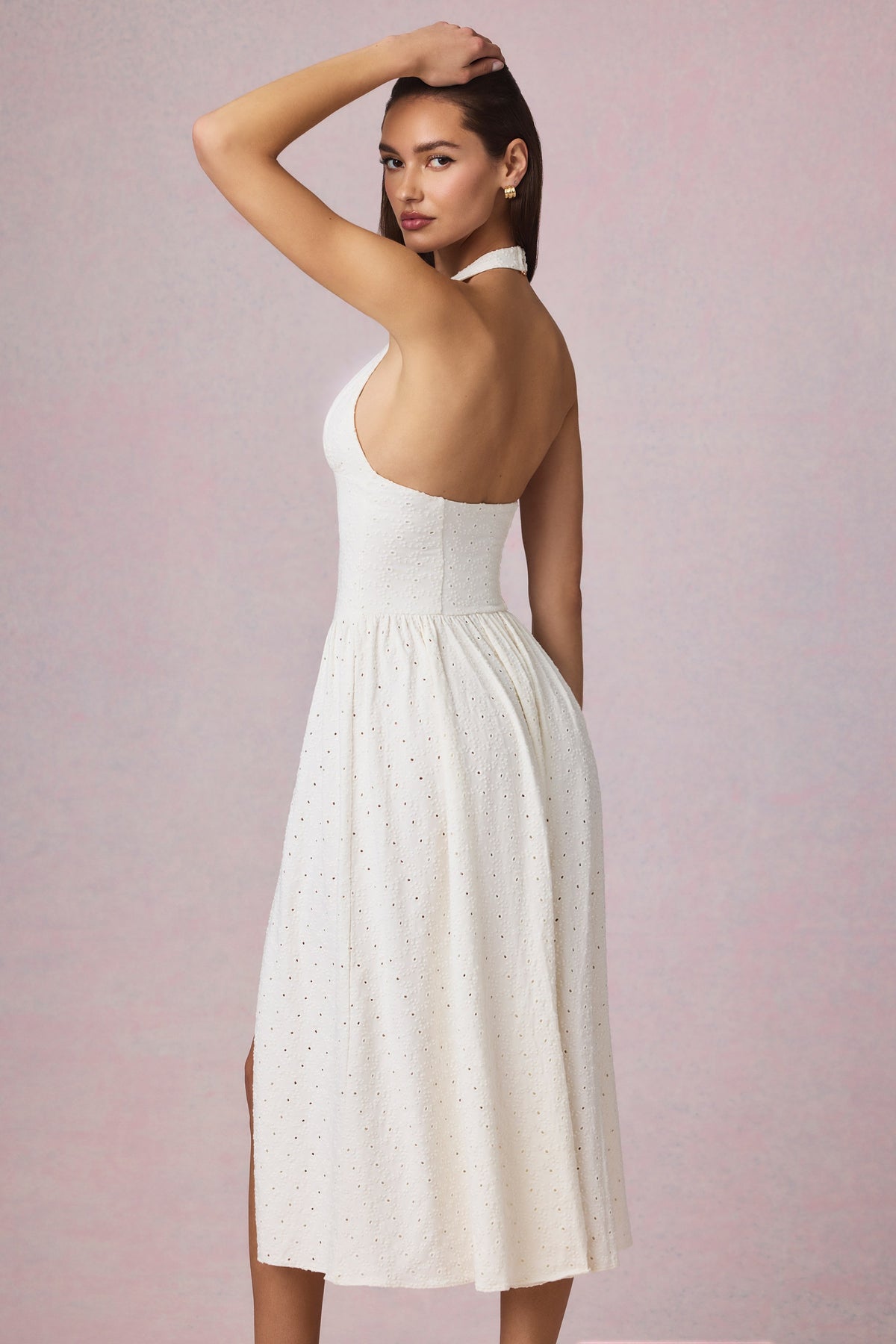 ⁣⁢Modal-Neckholder-Midaxikleid mit Lochstickerei in Weiß⁤⁣