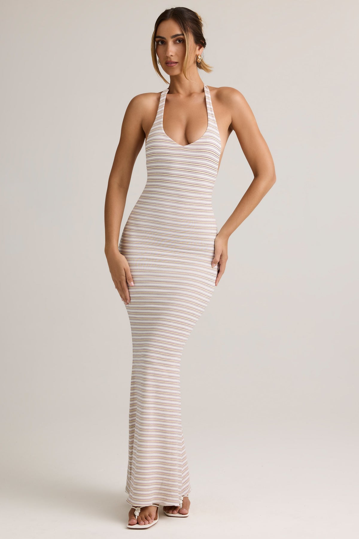 ⁣⁢Modal-Neckholder-Maxikleid mit rosa-gelben Streifen⁤⁣