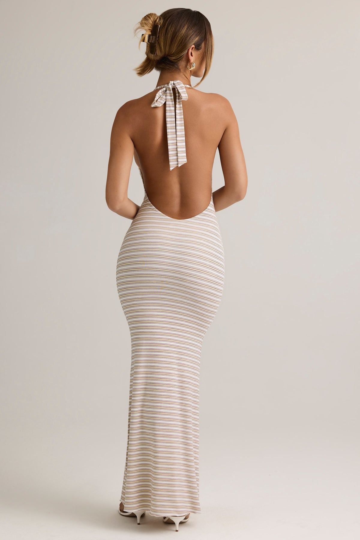 ⁣⁢Modal-Neckholder-Maxikleid mit rosa-gelben Streifen⁤⁣