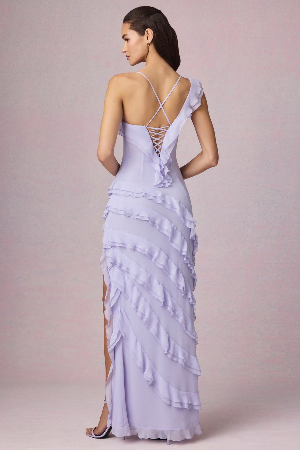 ⁣⁢Asymmetrisches Rüschen-Rücken-Schnürkleid in Flieder⁤⁣
