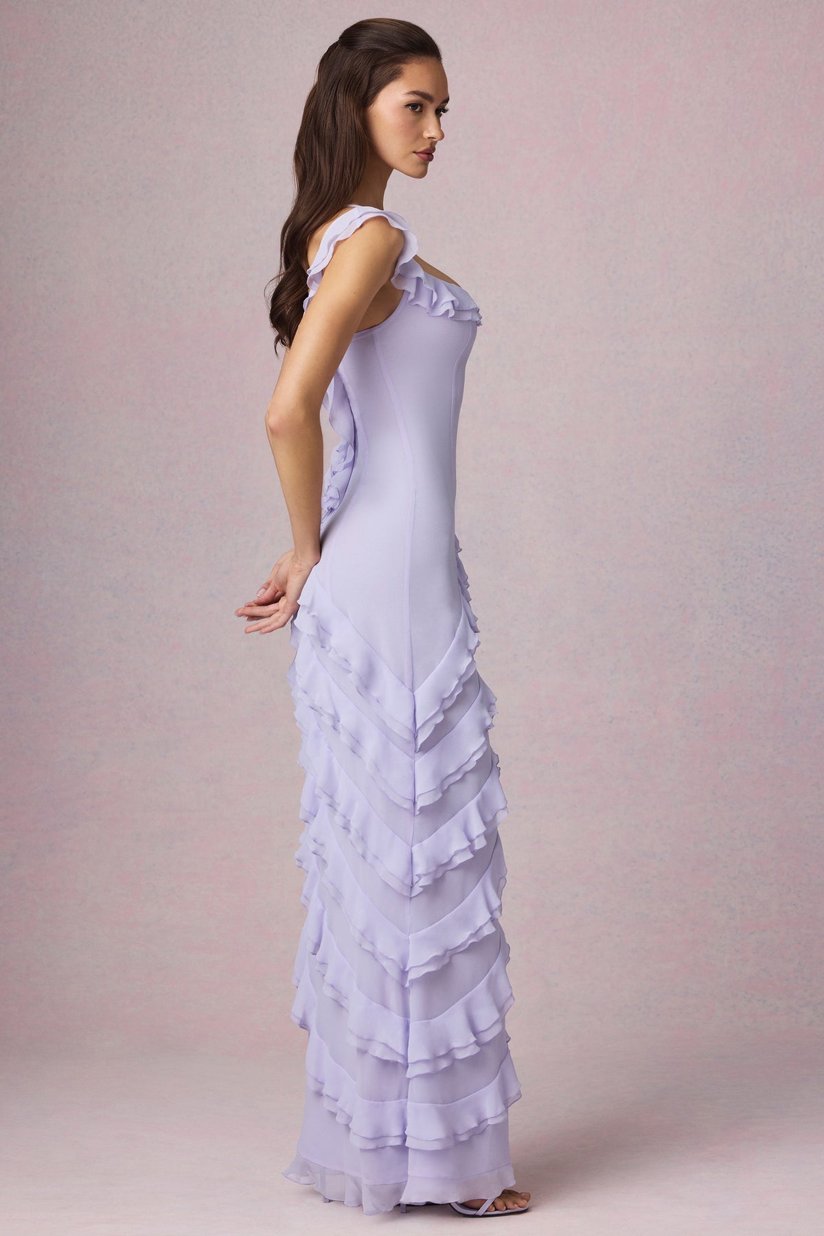 ⁣⁢Asymmetrisches Rüschen-Rücken-Schnürkleid in Flieder⁤⁣