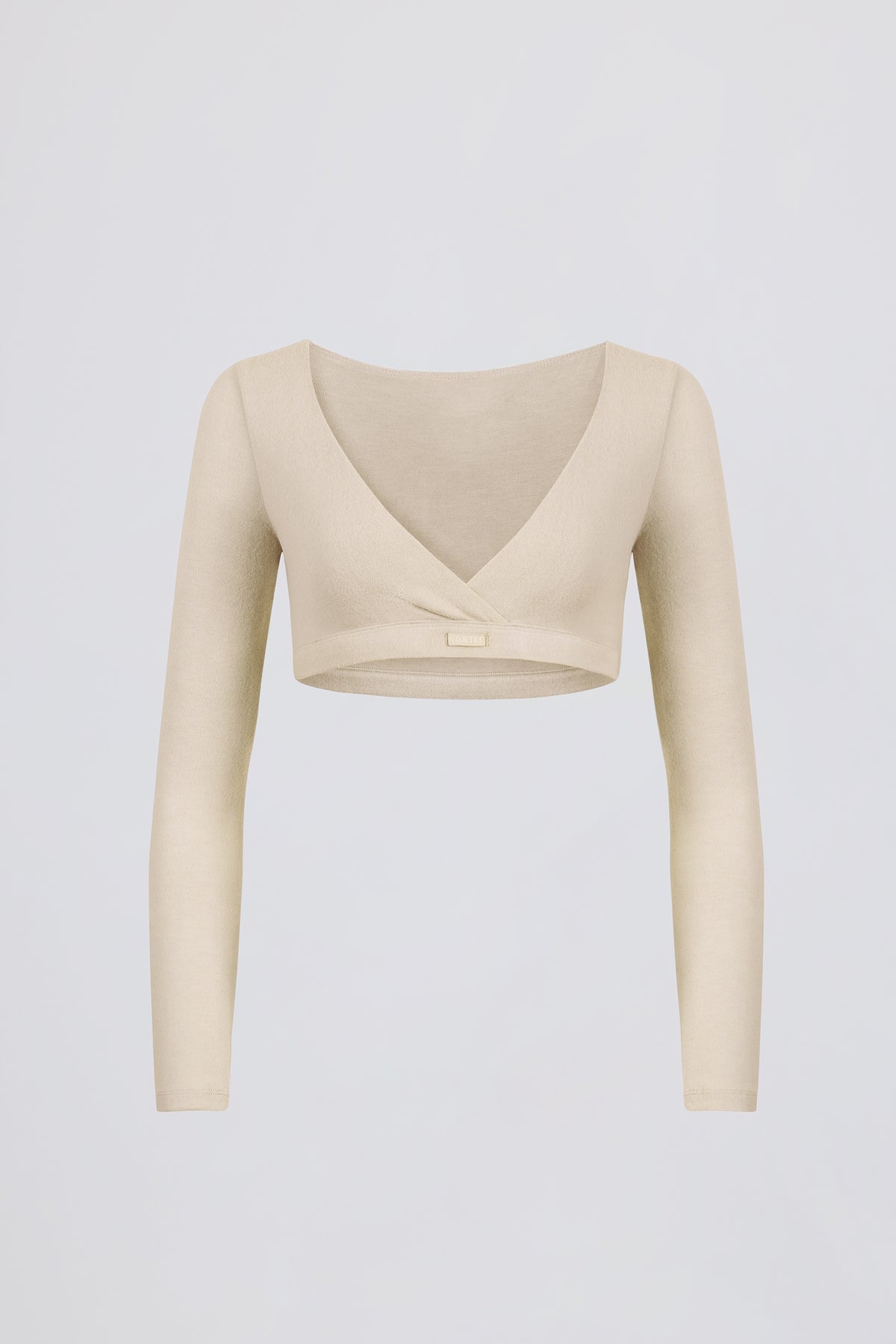 ⁣⁢Crop-Top mit V-Ausschnitt aus angerautem Jersey in Ecru⁤⁣