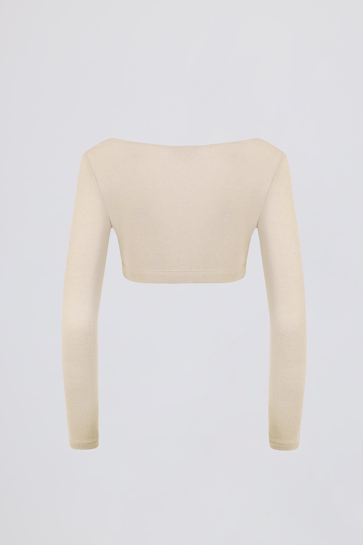 ⁣⁢Crop-Top mit V-Ausschnitt aus angerautem Jersey in Ecru⁤⁣