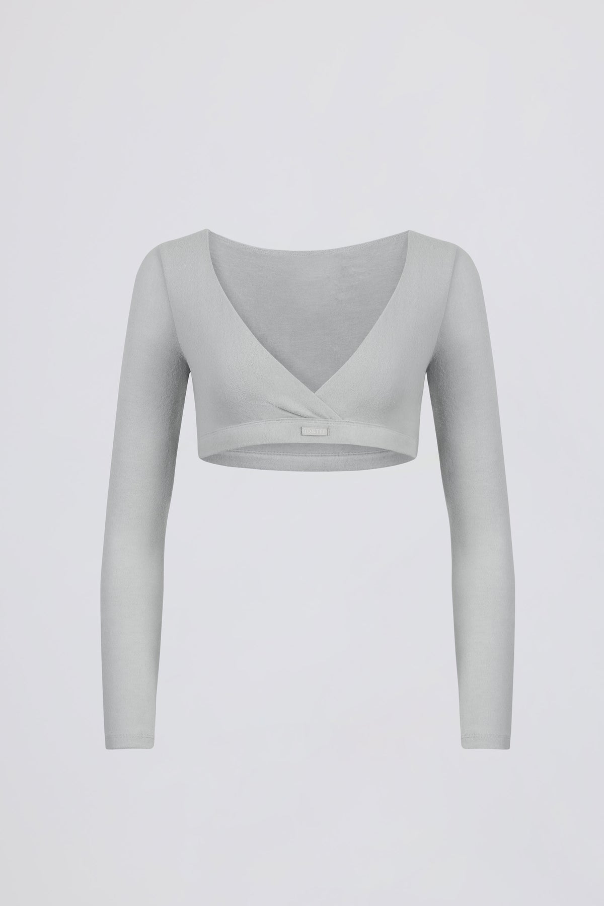 ⁣⁢Crop-Top mit V-Ausschnitt aus angerautem Jersey in Nebelgrau⁤⁣