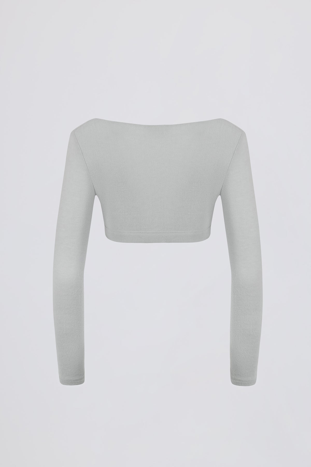 ⁣⁢Crop-Top mit V-Ausschnitt aus angerautem Jersey in Nebelgrau⁤⁣