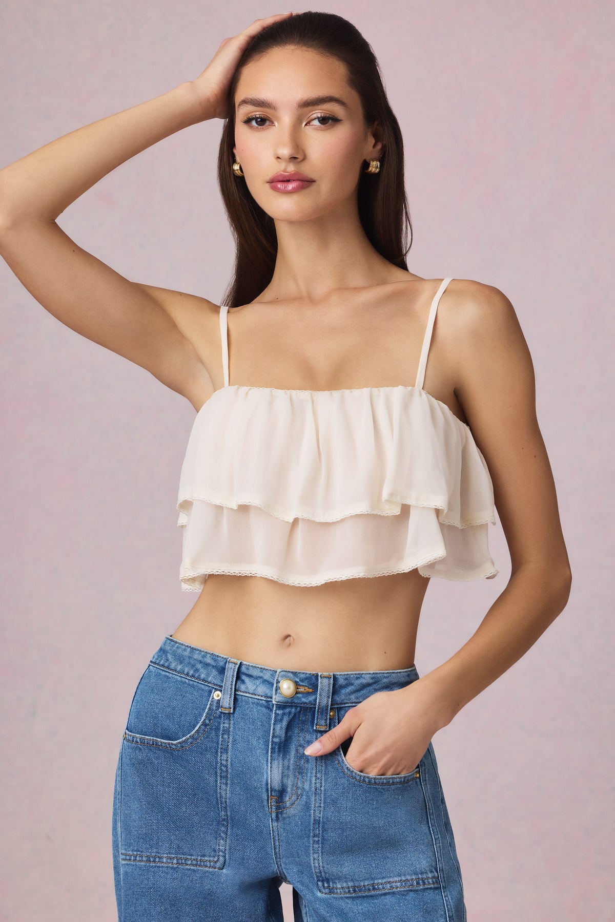 ⁣⁢Cropped-Camisole-Top mit Rüschen in Elfenbein⁤⁣