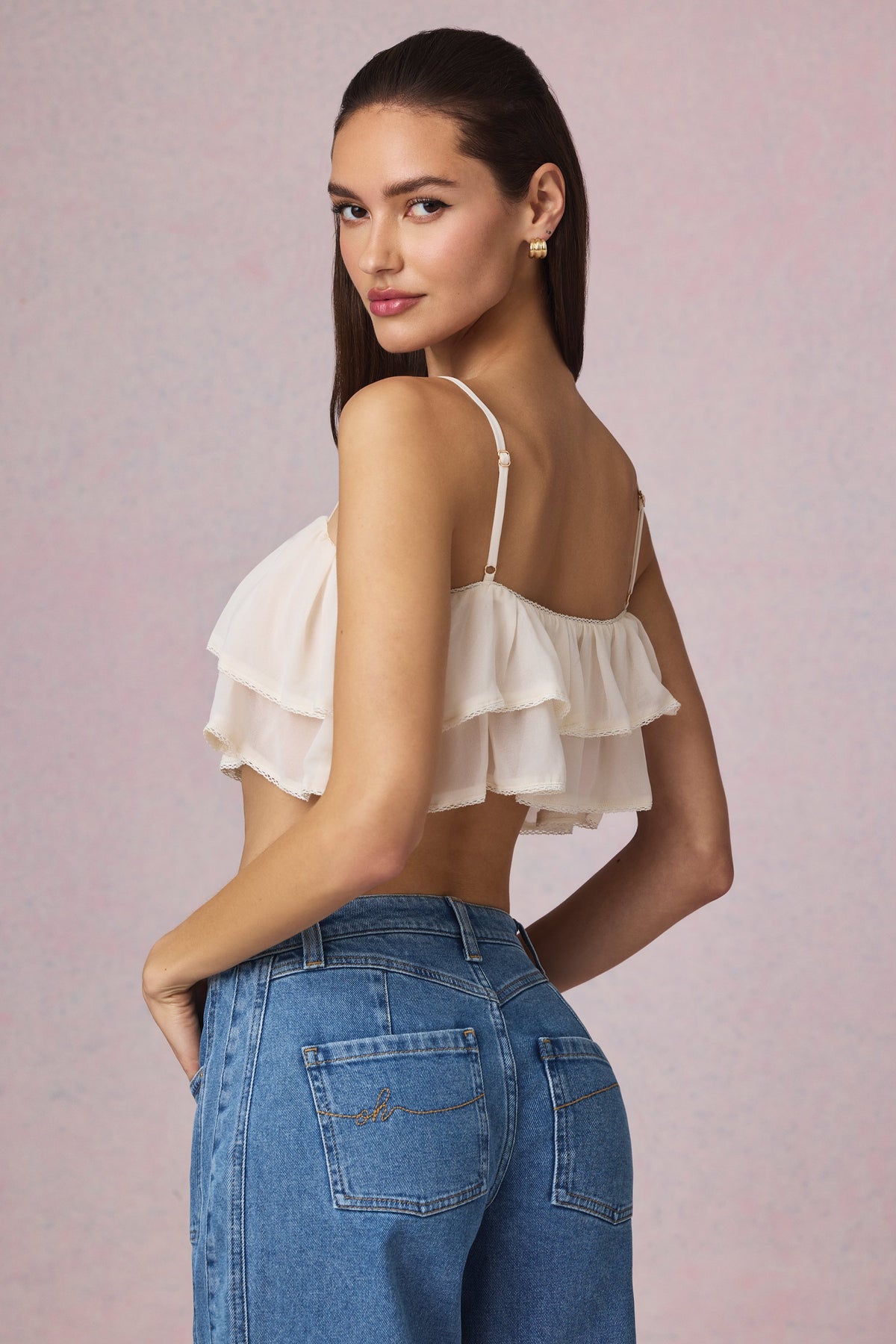 ⁣⁢Cropped-Camisole-Top mit Rüschen in Elfenbein⁤⁣