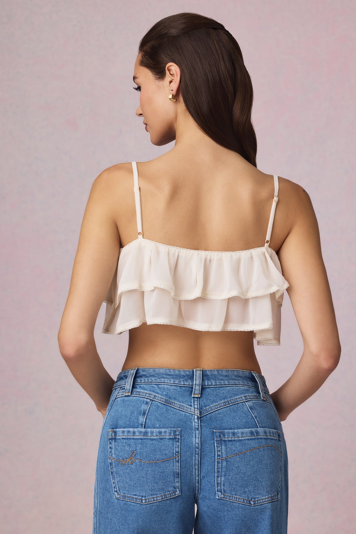 ⁣⁢Cropped-Camisole-Top mit Rüschen in Elfenbein⁤⁣