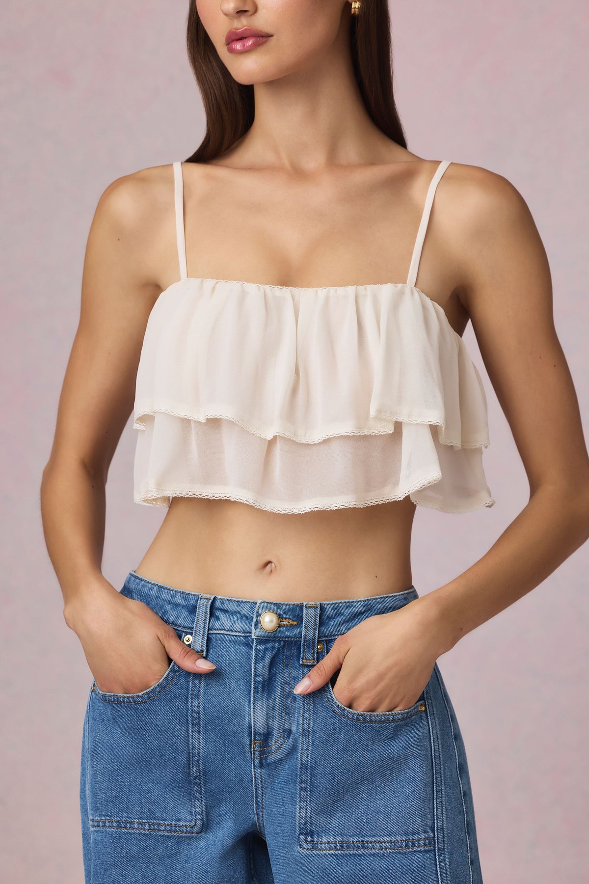 ⁣⁢Cropped-Camisole-Top mit Rüschen in Elfenbein⁤⁣