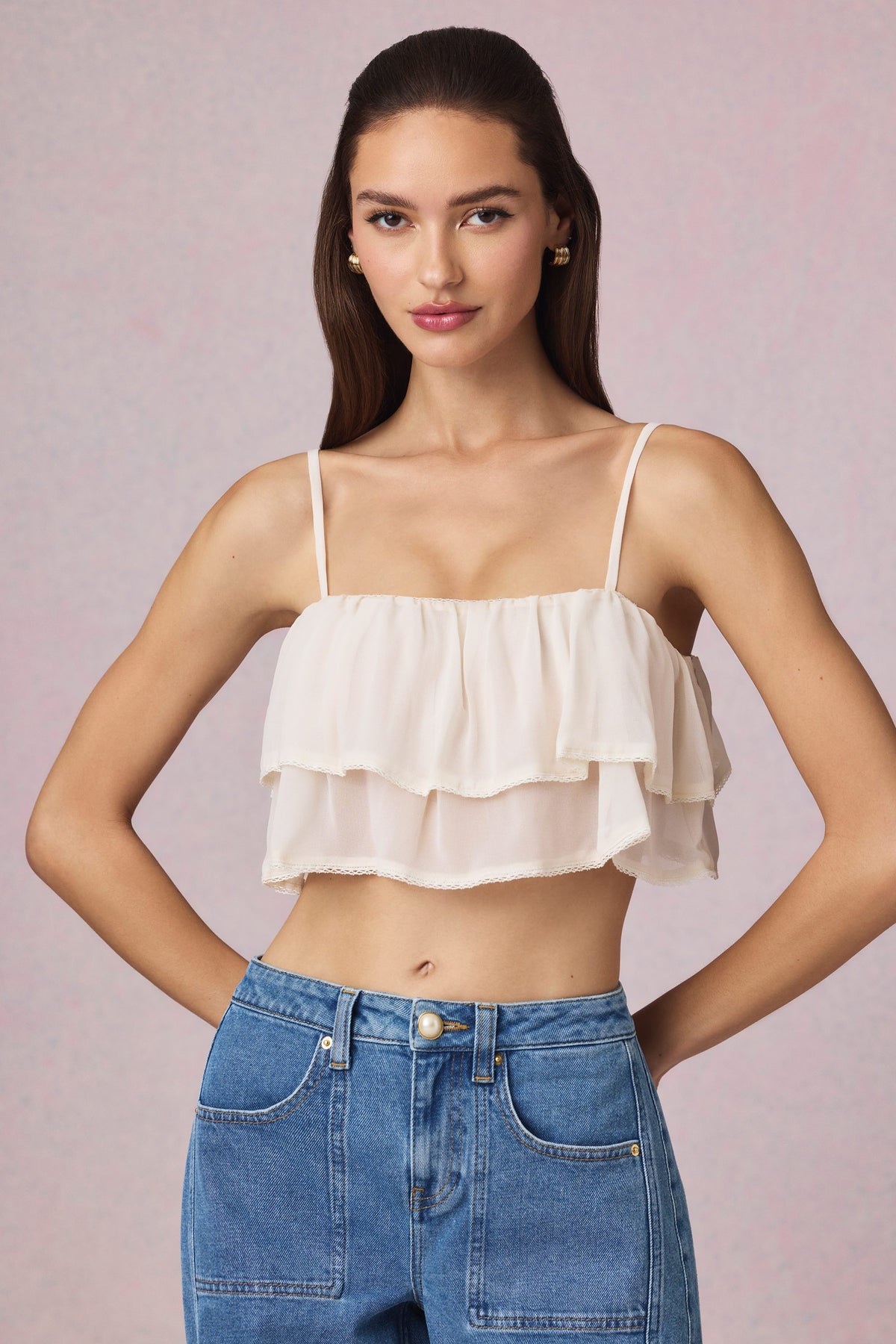 ⁣⁢Cropped-Camisole-Top mit Rüschen in Elfenbein⁤⁣