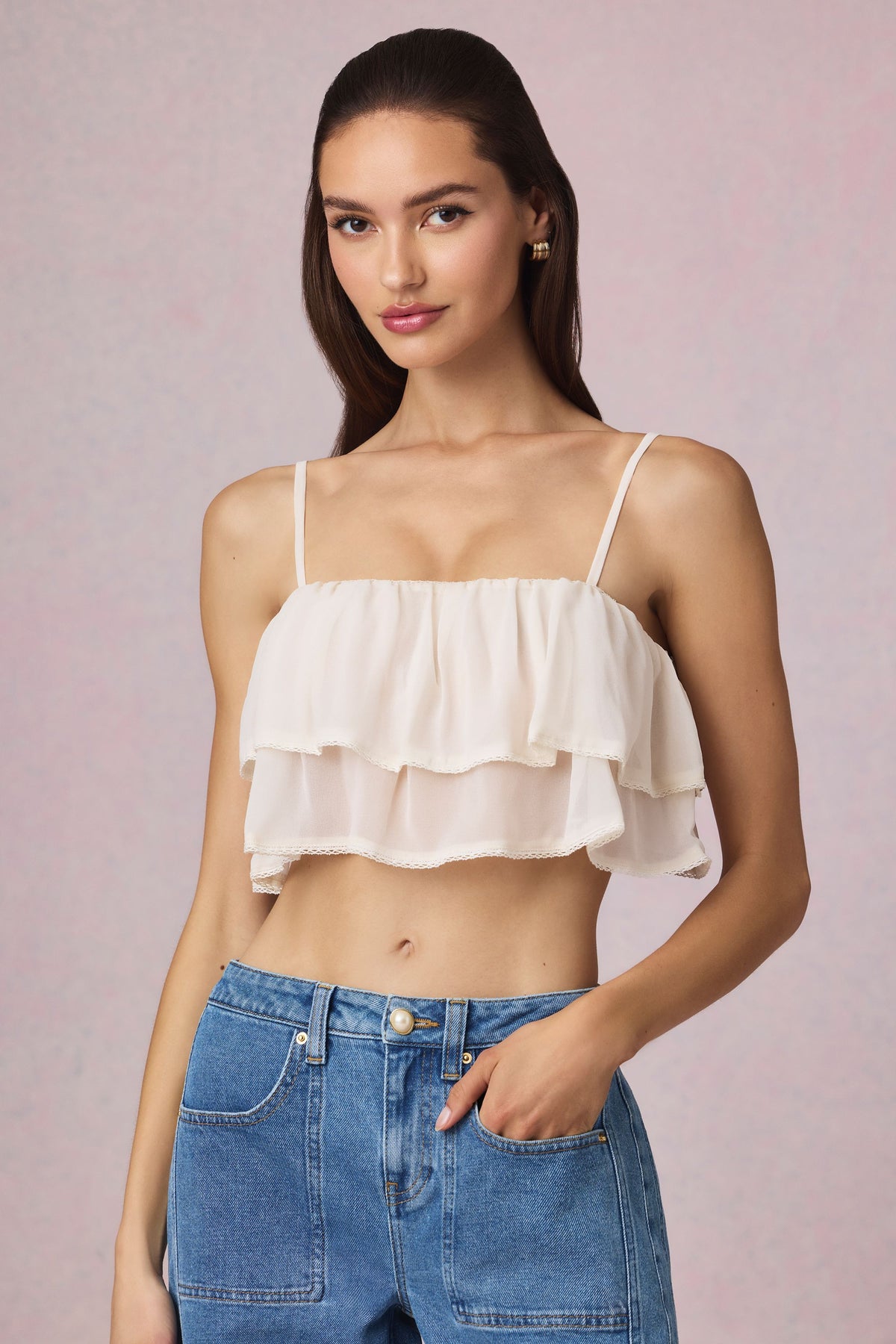 ⁣⁢Cropped-Camisole-Top mit Rüschen in Elfenbein⁤⁣