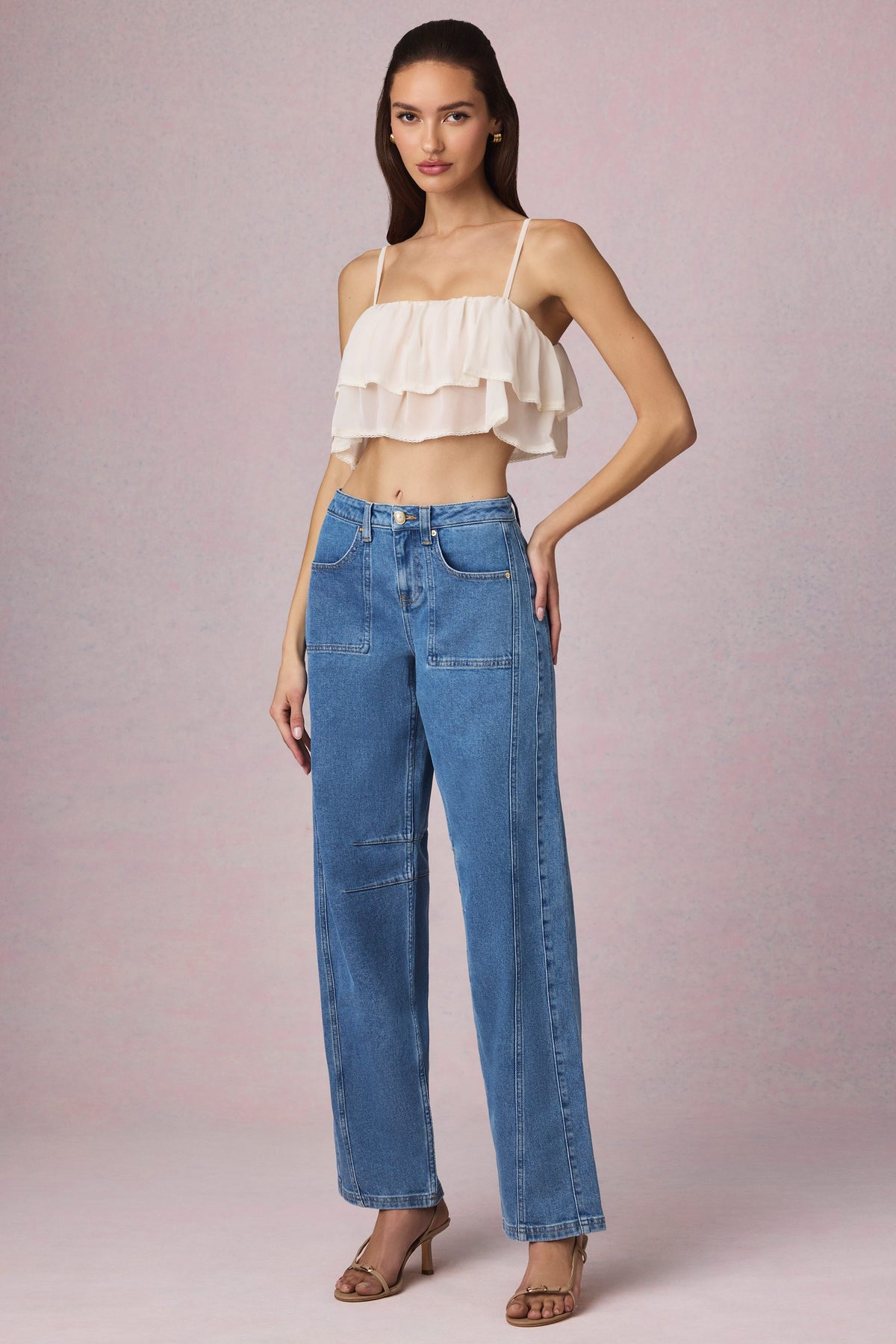 ⁣⁢Cropped-Camisole-Top mit Rüschen in Elfenbein⁤⁣
