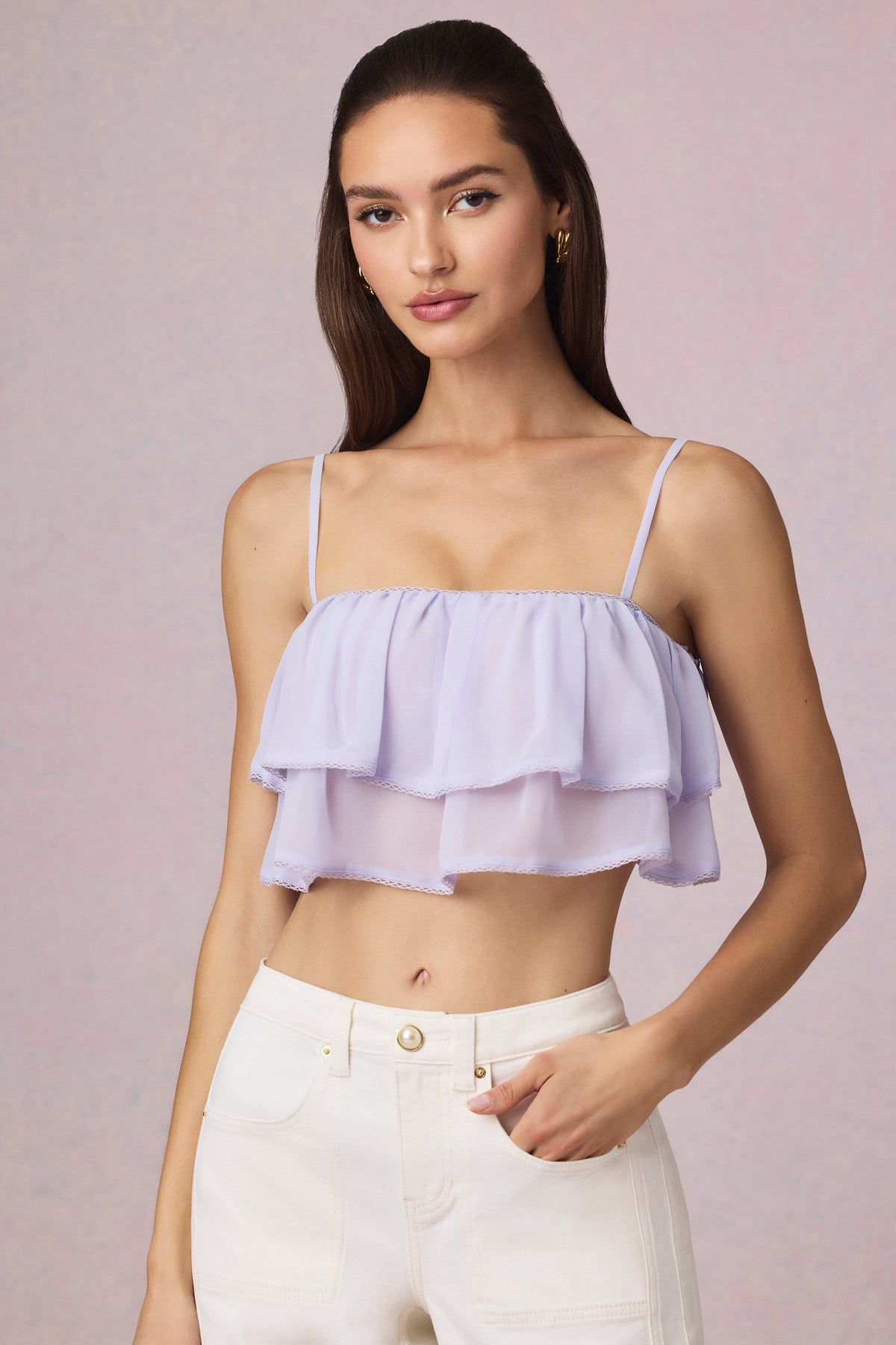 ⁣⁢Cropped-Camisole-Top mit Rüschen in Flieder⁤⁣