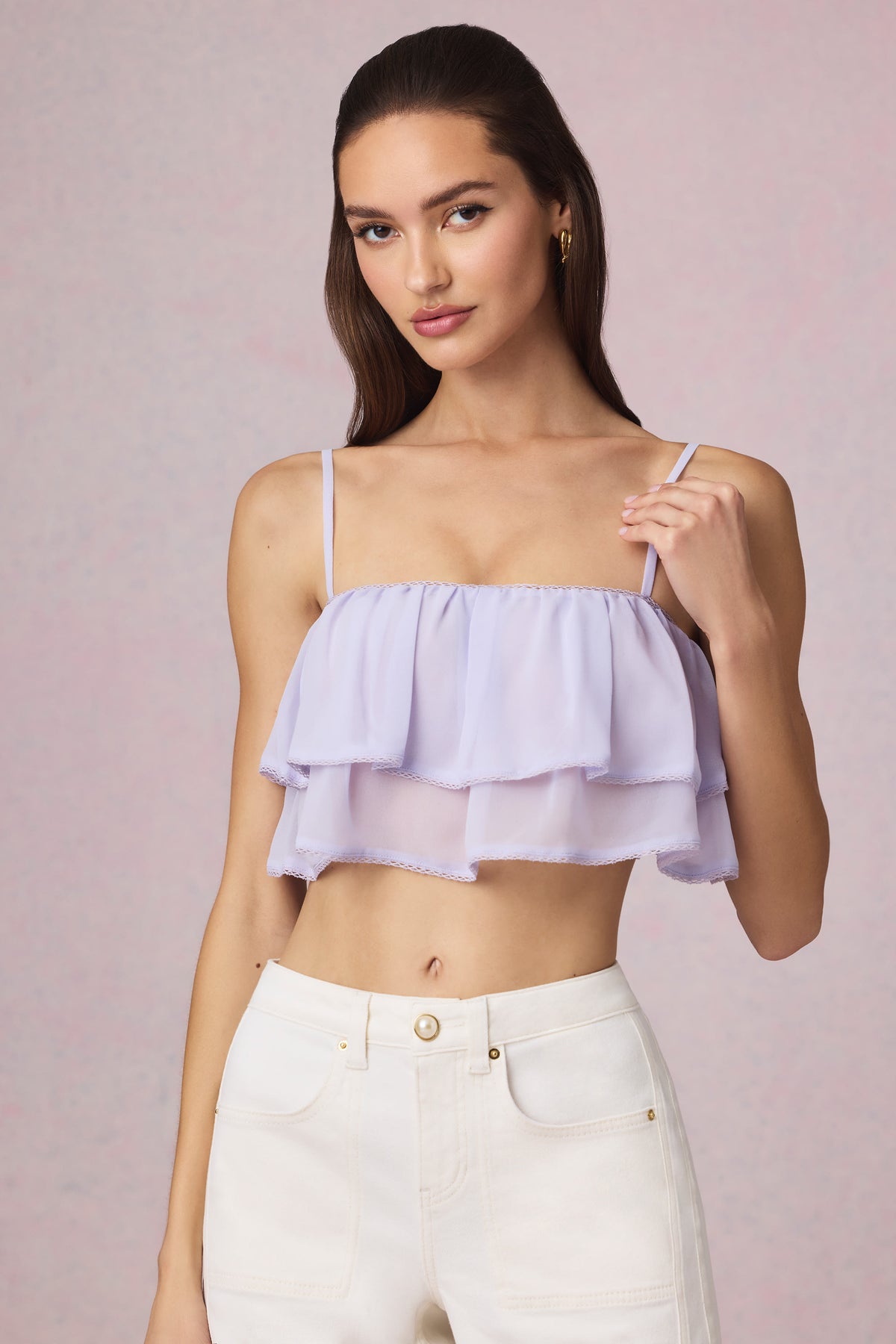 ⁣⁢Cropped-Camisole-Top mit Rüschen in Flieder⁤⁣