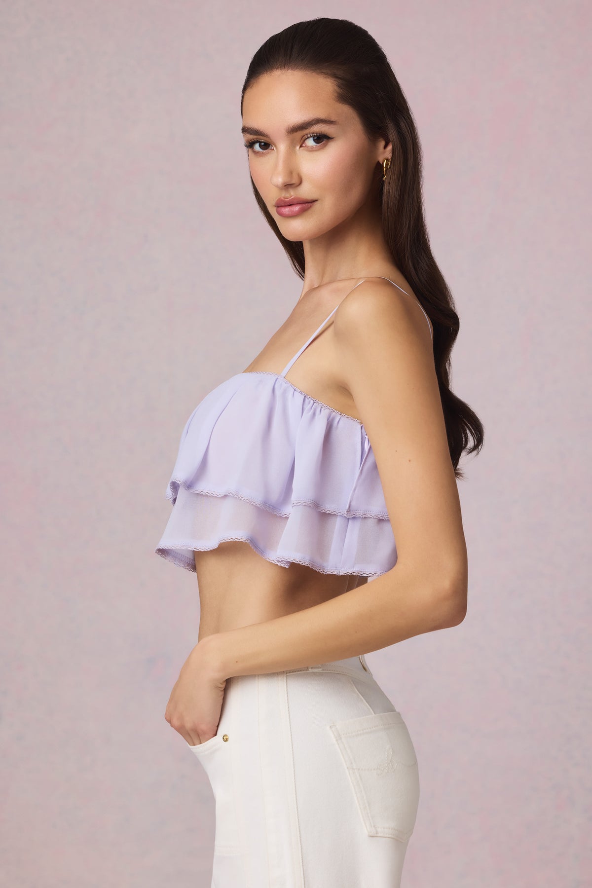 ⁣⁢Cropped-Camisole-Top mit Rüschen in Flieder⁤⁣