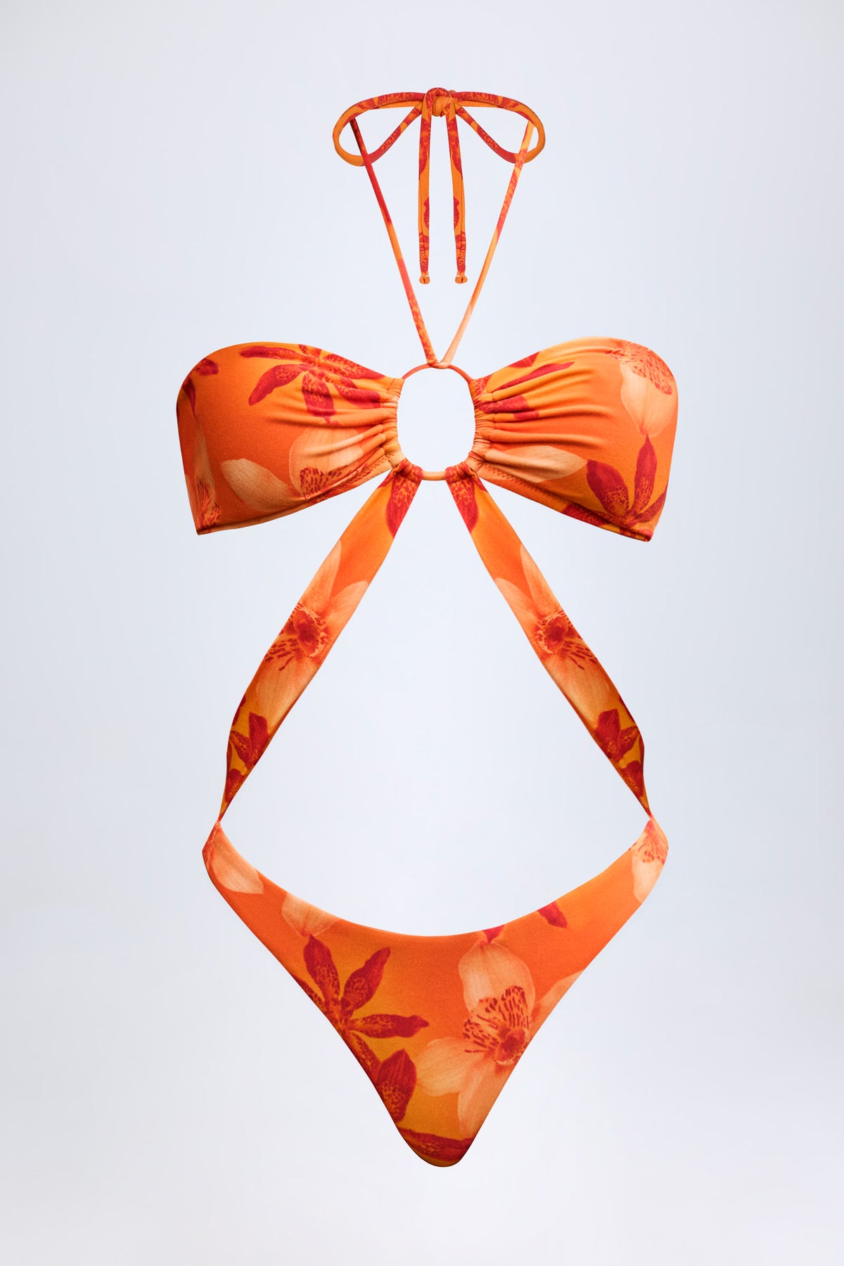⁣⁢Neckholder-Badeanzug mit Cut-out im orangefarbenen Orchideenmuster⁤⁣