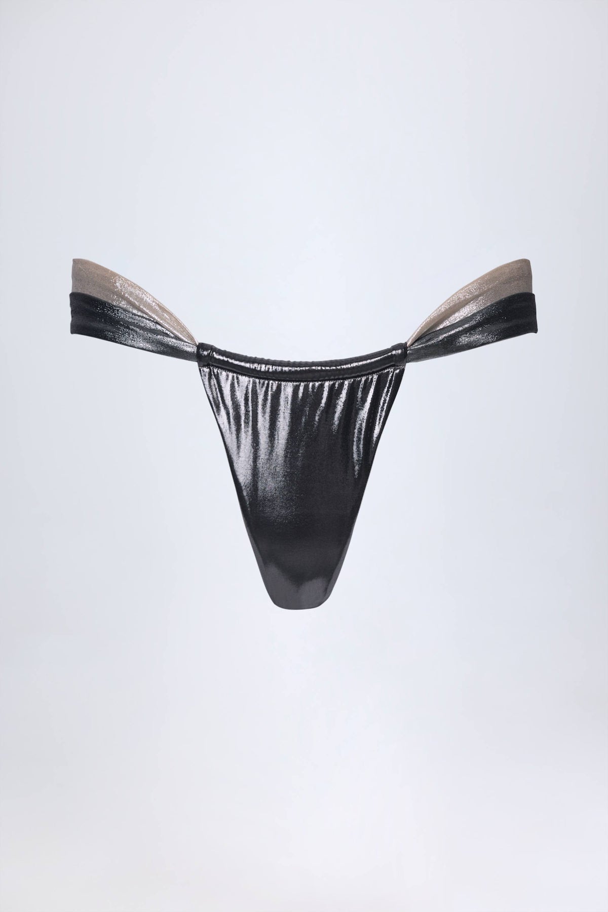 ⁣⁢Geraffte Tanga-Bikinihose in Chromsilber⁤⁣