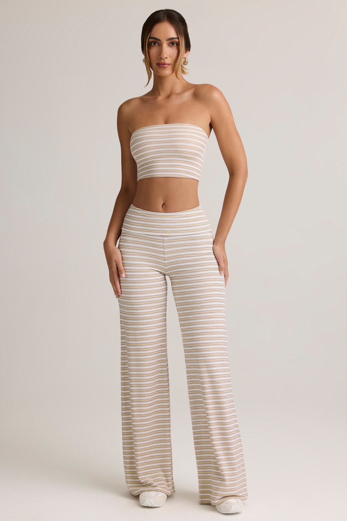 ⁣⁢Modal-Wide-Leg-Hose mit Umschlagbund mit rosa-gelben Streifen⁤⁣