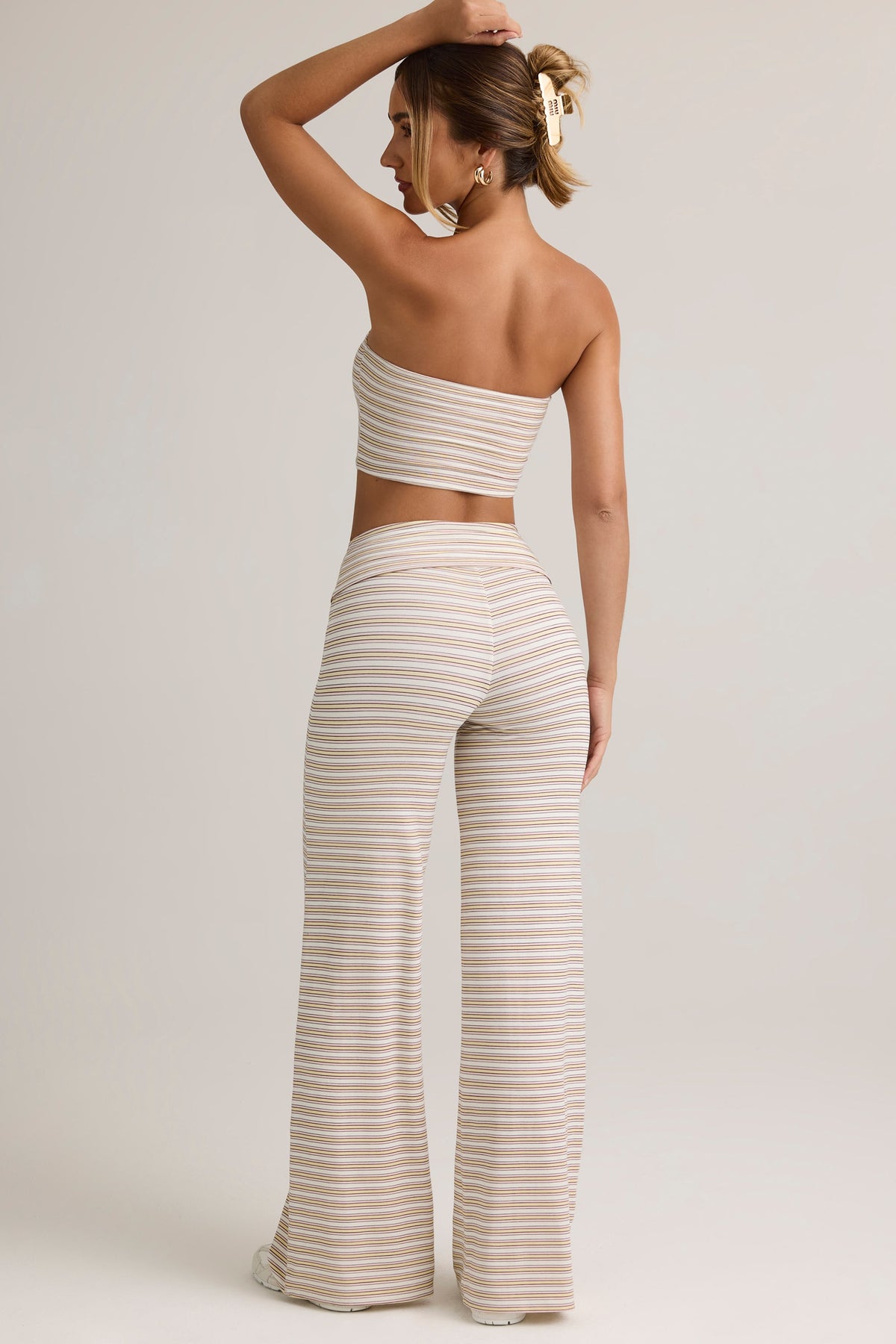 ⁣⁢Modal-Wide-Leg-Hose mit Umschlagbund mit rosa-gelben Streifen⁤⁣