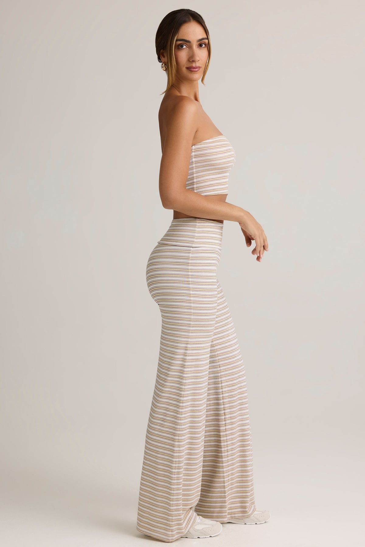 ⁣⁢Modal-Wide-Leg-Hose mit Umschlagbund mit rosa-gelben Streifen⁤⁣