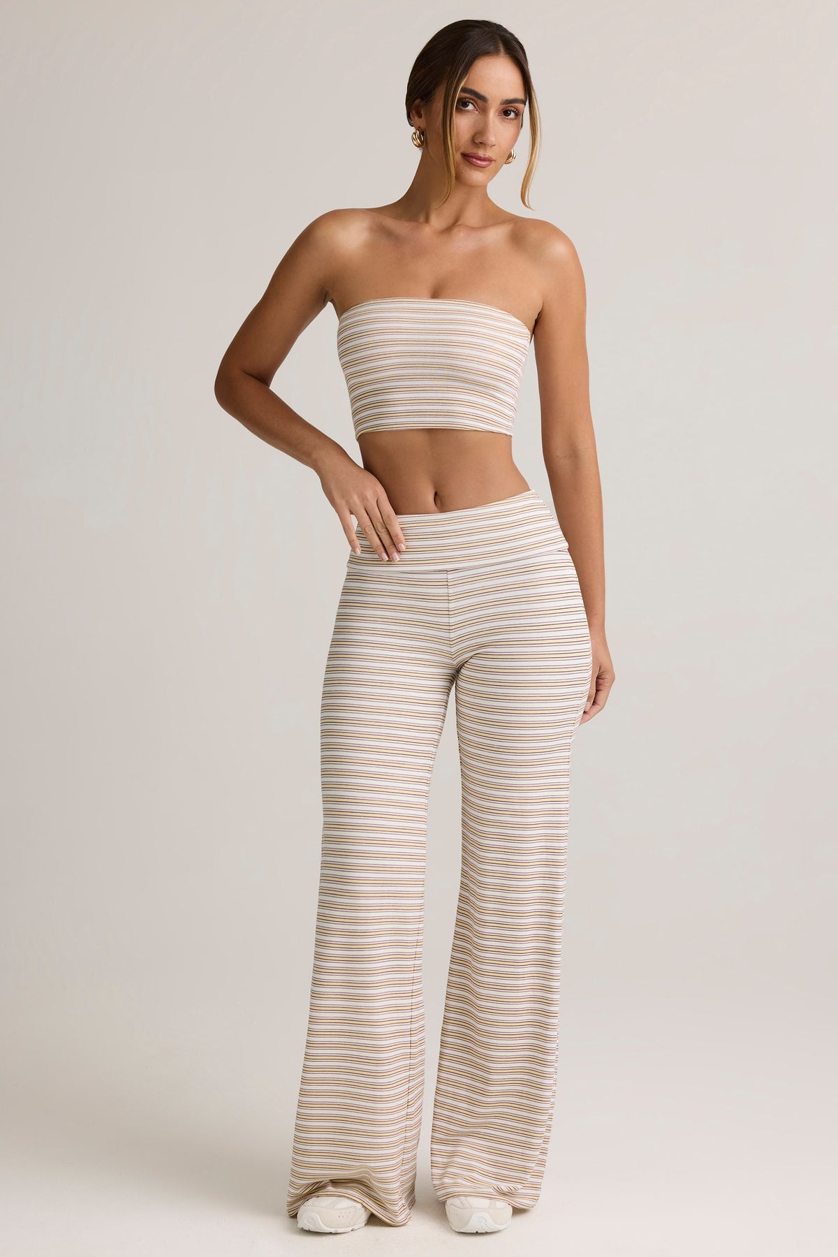 ⁣⁢Modal-Wide-Leg-Hose mit Umschlagbund mit rosa-gelben Streifen⁤⁣