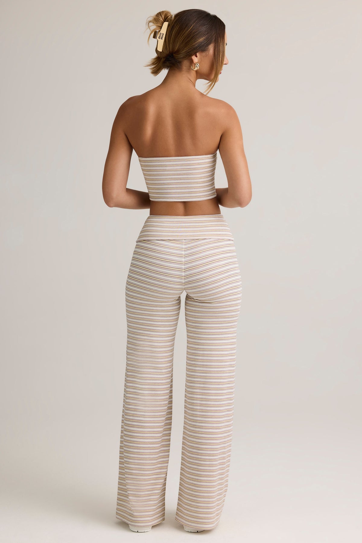 ⁣⁢Modal-Wide-Leg-Hose mit Umschlagbund mit rosa-gelben Streifen⁤⁣